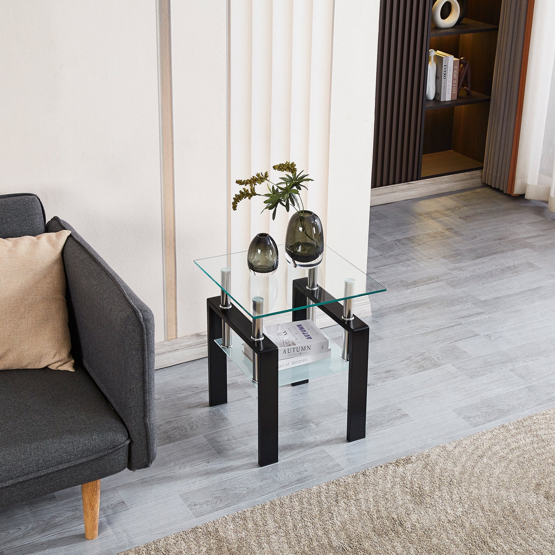 Tempered Transparent Glass End Table, 2 Layers Small Table With Storage, Living Room Side Table Clear Tempered Glass