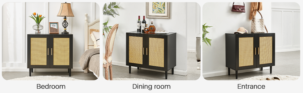 Side Panel Buffet Cabinet With Natural Rattan Door, Rattan Storage Cabinet With Adjustable Shelves, Side Panel And Buffet With Storage Space, Modern Console Cabinet In Bedroom And Living Room Black Modern Particle Board