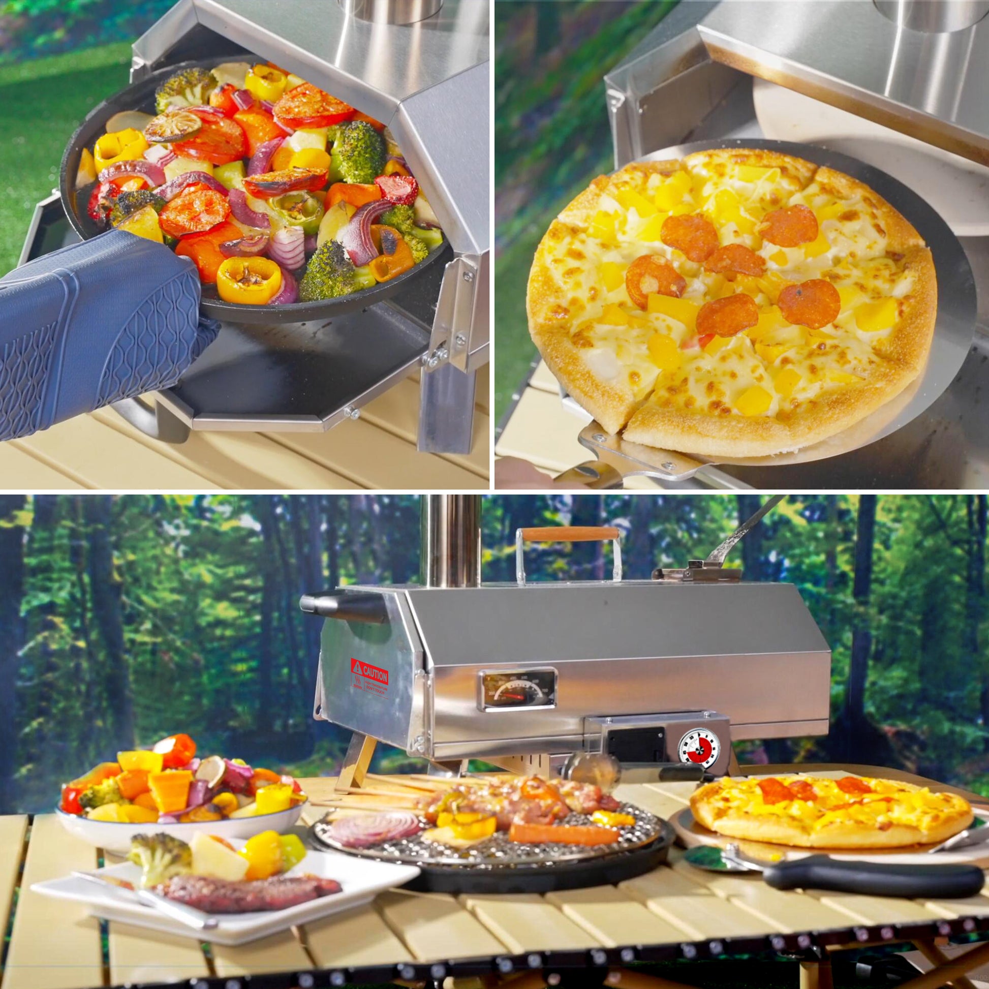 Stainless Steel Pizza Oven Outdoor 12" Automatic Rotatable Pizza Ovens,Portable Wood Fired Pizza Oven Pizza Maker With Timer, Built In Thermometer,Pizza Cutter & Carry Bag Silver Garden & Outdoor American Design Stainless Steel Stainless Steel