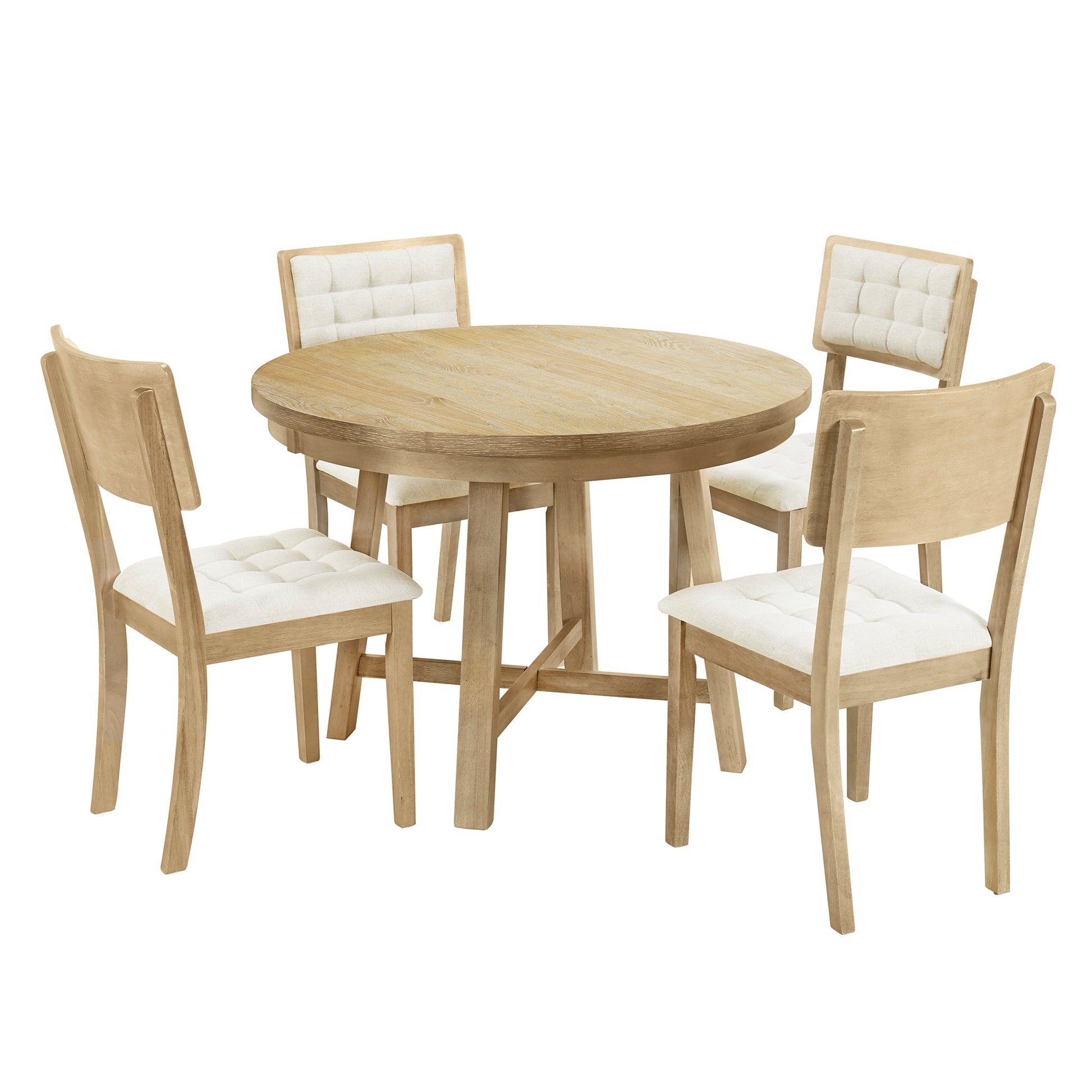 Rustic 42Inch Round Dining Table Set With Cross Legs And Upholstered Dining Chairs For Small Places, Natural Wood Dining Room Rubberwood Round Dining Table With Chair Upholstered Chair Wood Natural Wood Seats 4 42 Inches Rustic 4 Leg Foam Rubber Wood