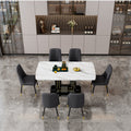 Table And Chair Set, 1 Table With 6 Black Pu Chairs. White Imitation Marble Pattern Desktop. Black Mdf Table Legs, Gold Lines, Black Base. F Sq C 007 White Mdf Glass