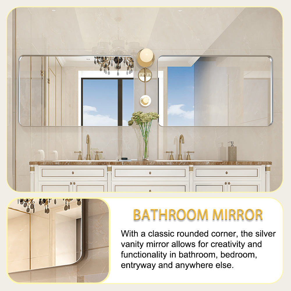 40X30Inch Brushed Silver Rounded Corner Rectangle Bathroom Mirror For Wall Metal Frame Wall Mounted Bathroom Mirror Vanity Bathroom Mirror Horizontal & Vertical Silver Classic,Modern Aluminium Alloy