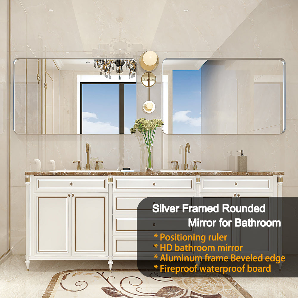 40X30Inch Brushed Silver Rounded Corner Rectangle Bathroom Mirror For Wall Metal Frame Wall Mounted Bathroom Mirror Vanity Bathroom Mirror Horizontal & Vertical Silver Classic,Modern Aluminium Alloy