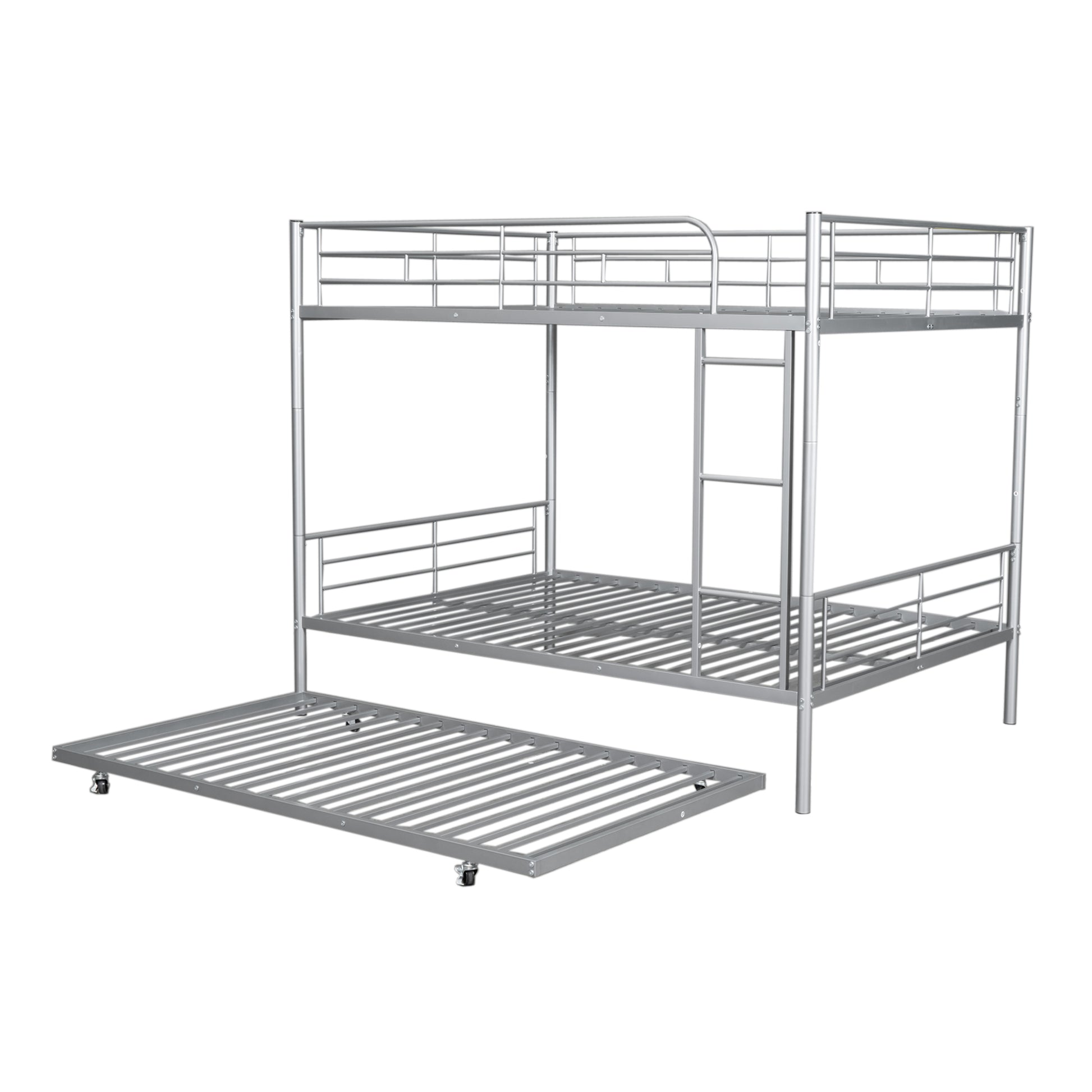 Full Over Full Metal Bunk Bed With Trundle, Silver Silver Iron