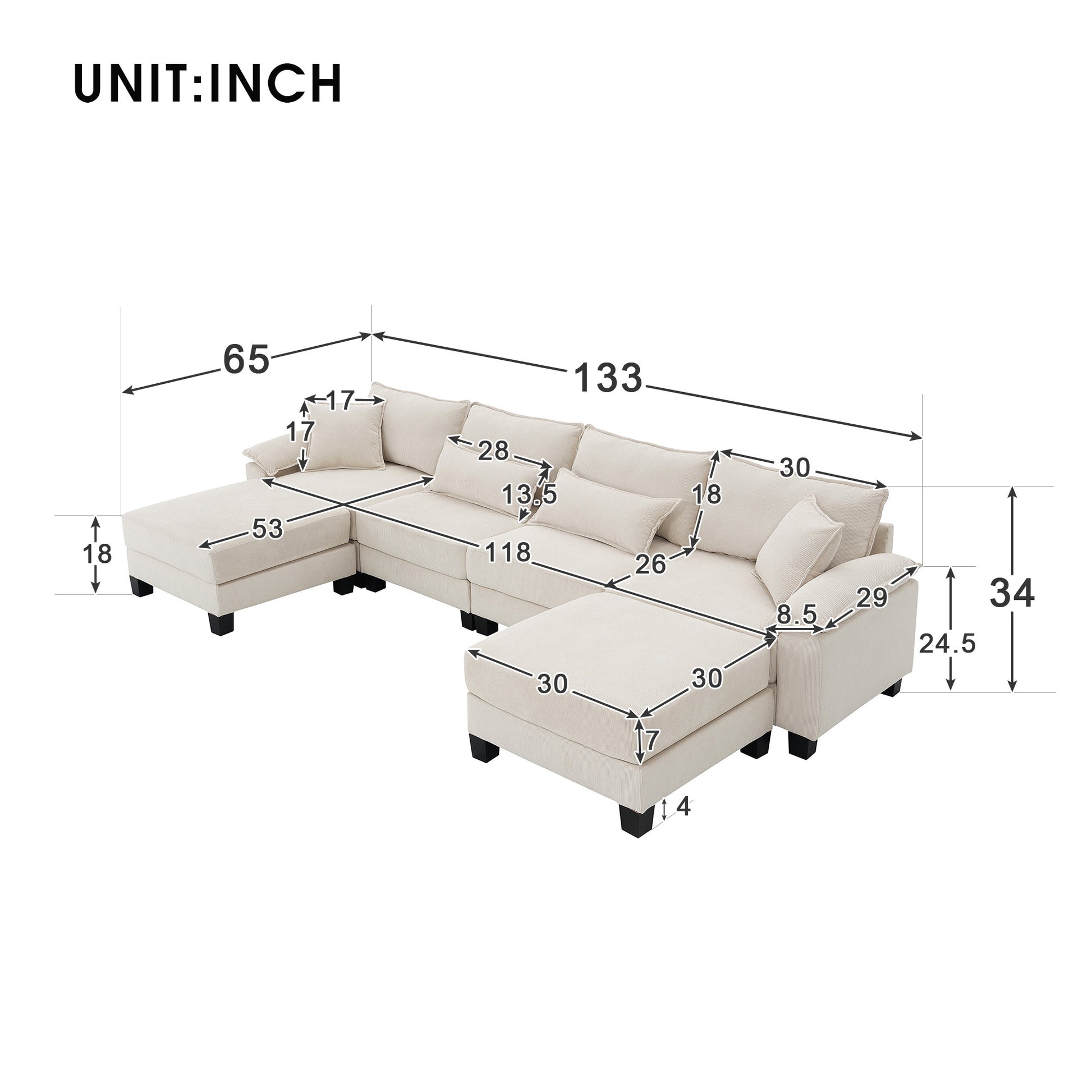 133*65" Corduroy Modular Sectional Sofa,U Shaped Couch With Armrest Bags,6 Seat Freely Combinable Sofa Bed,Comfortable And Spacious Indoor Furniture For Living Room, 2 Colors Beige Corduroy