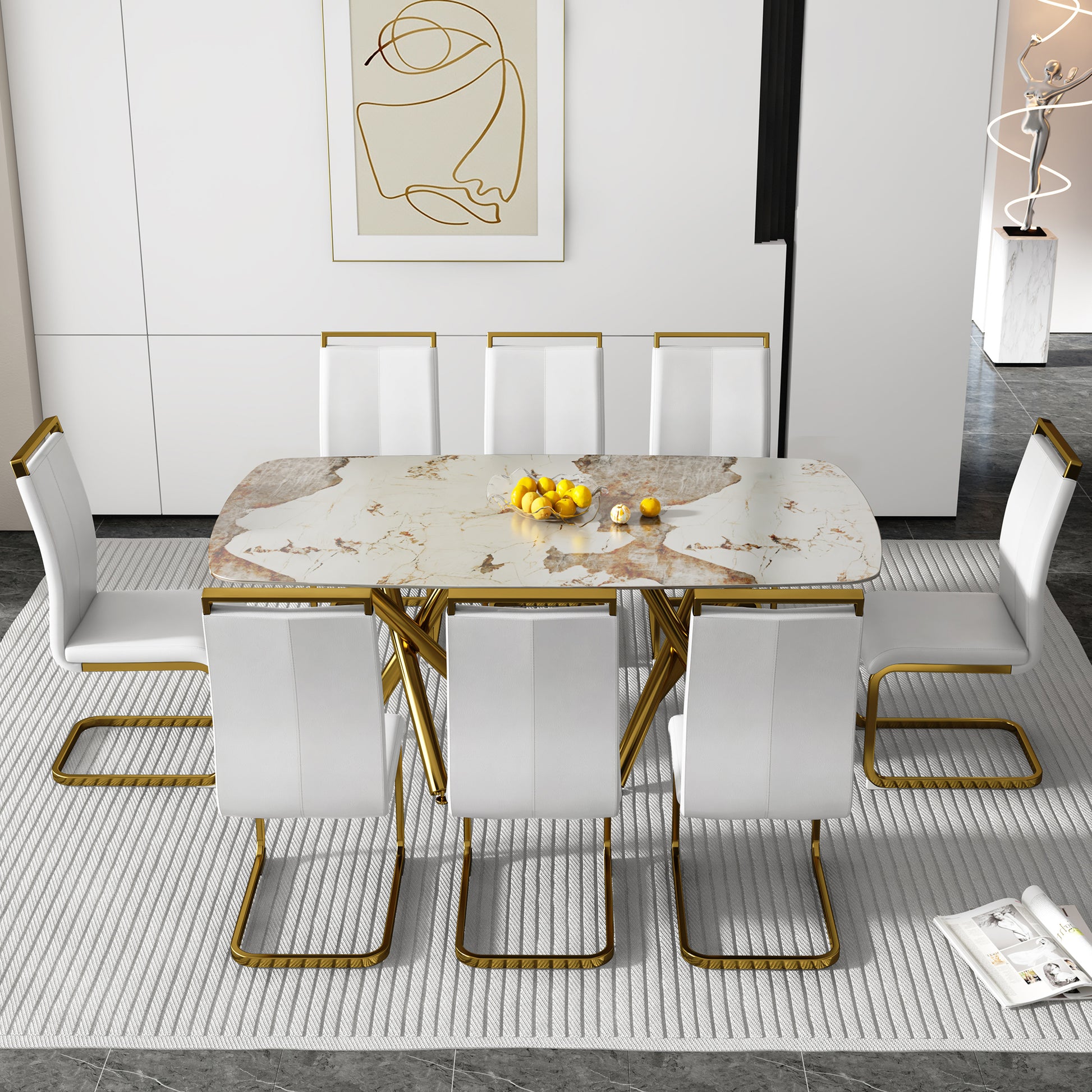 A Modern Minimalist Rectangular Dining Table With A 0.39 Inch Imitation Marble Tabletop And Gold Plated Metal Legs,For Kitchen Dining Living Meeting Room Banquet Hall,1538 White Glass