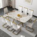 A Modern Minimalist Rectangular Dining Table With A 0.39 Inch Imitation Marble Patterned Glass Tabletop And Gold Plated Metal Legs,For Kitchen Dining Living Meeting Room Banquet Hall,1538 White Glass