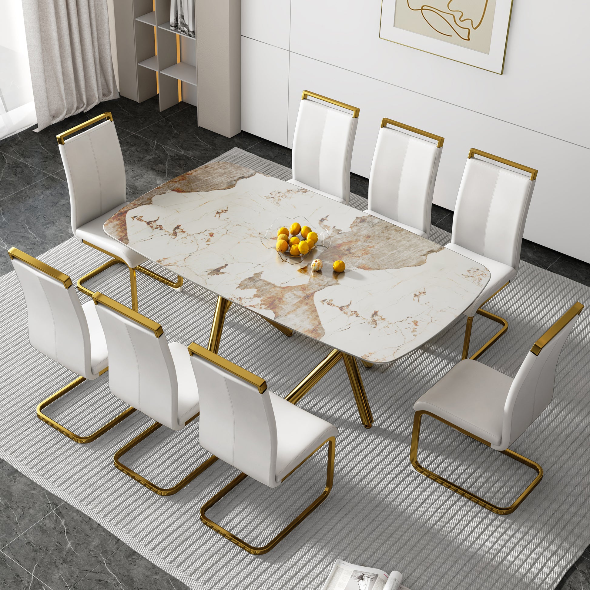 A Modern Minimalist Rectangular Dining Table With A 0.39 Inch Imitation Marble Tabletop And Gold Plated Metal Legs,For Kitchen Dining Living Meeting Room Banquet Hall,1538 White Glass