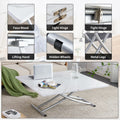 Modern Minimalist Multifunctional Lifting Platform, 0.8 Inch White Patterned Sticker Desktop, Silver Metal Legs. Paired With 4 Faux Leather Cushioned Dining Chairs With Silver Metal Legs. Ltc 001 White Metal