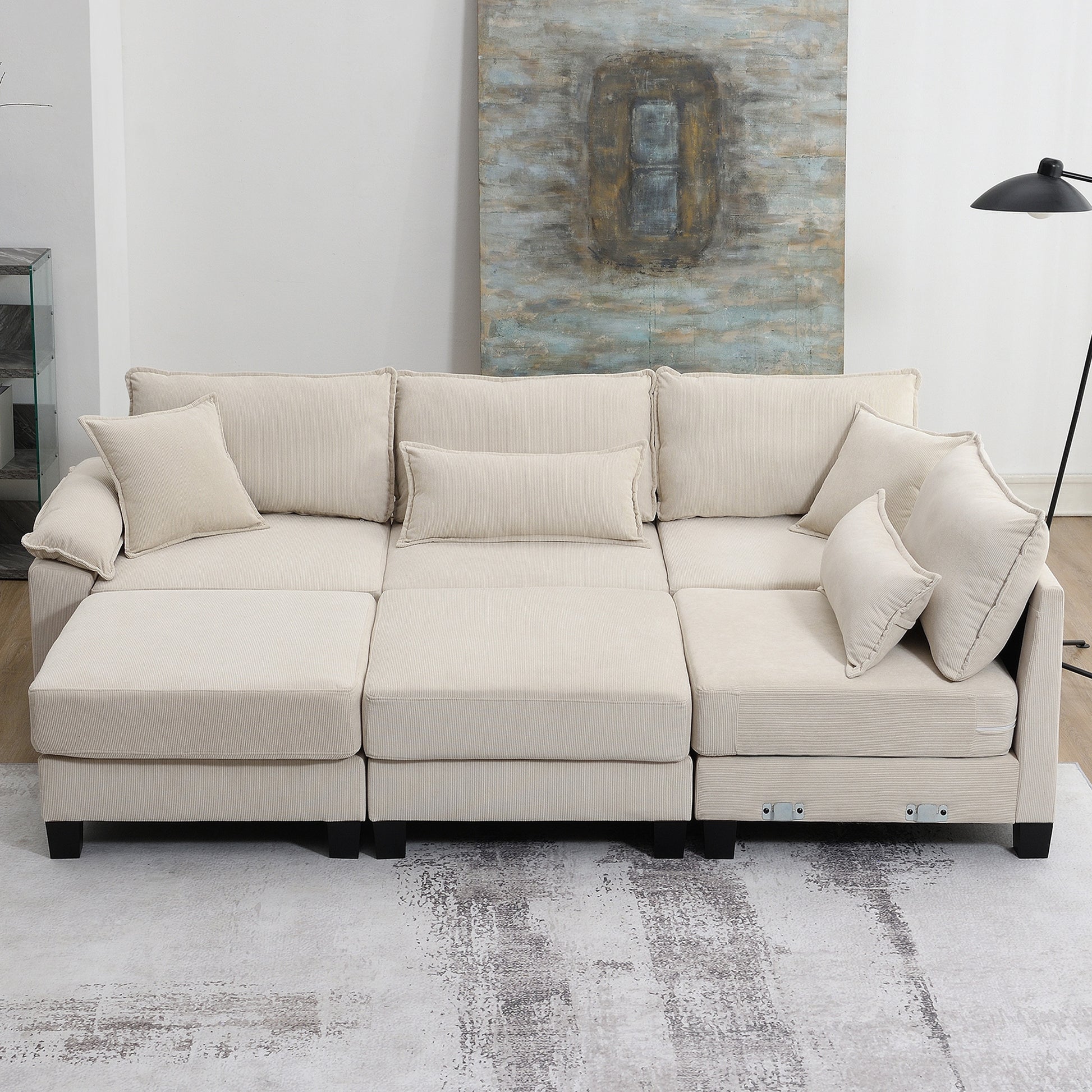 133*65" Corduroy Modular Sectional Sofa,U Shaped Couch With Armrest Bags,6 Seat Freely Combinable Sofa Bed,Comfortable And Spacious Indoor Furniture For Living Room, 2 Colors Beige Corduroy