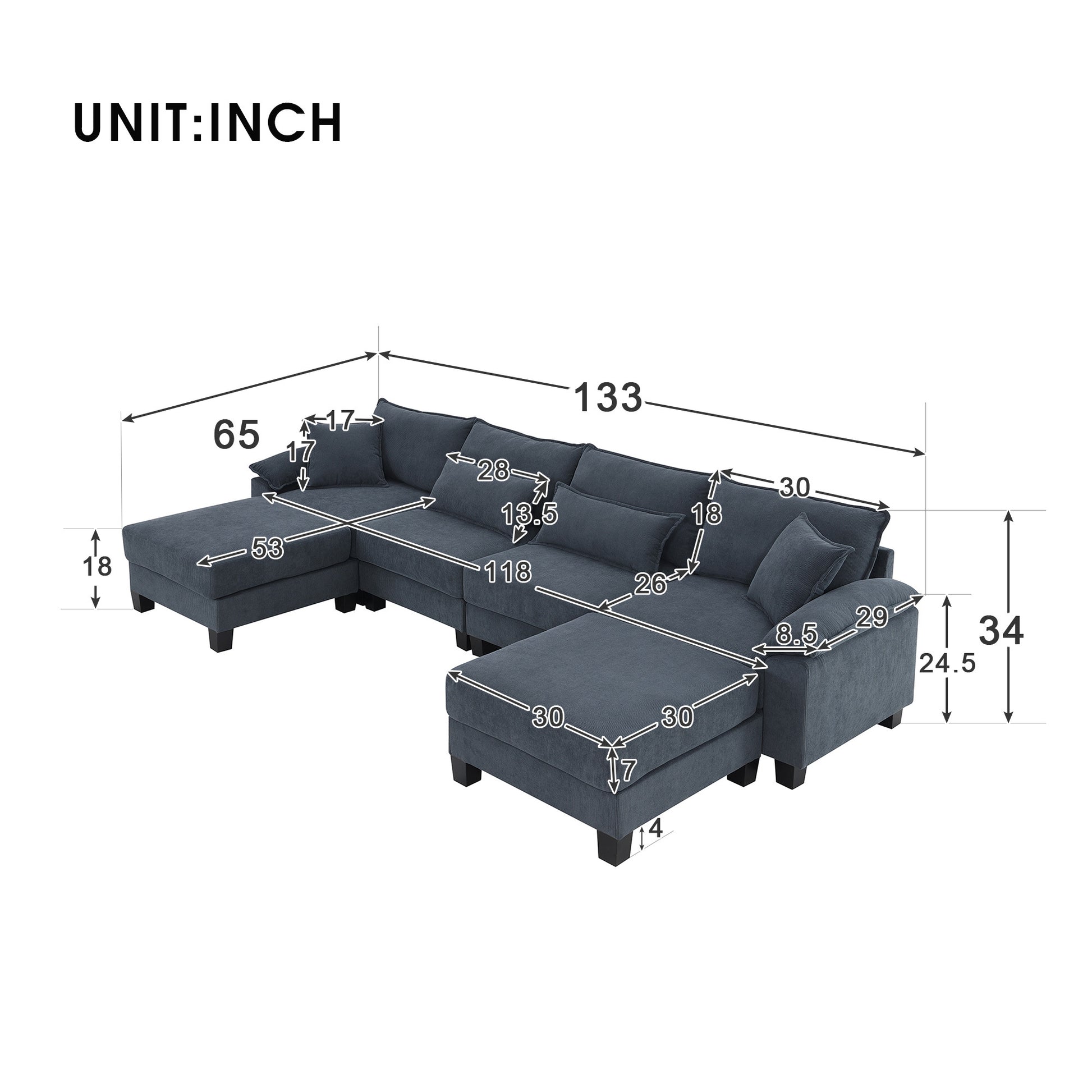 133*65" Corduroy Modular Sectional Sofa,U Shaped Couch With Armrest Bags,6 Seat Freely Combinable Sofa Bed,Comfortable And Spacious Indoor Furniture For Living Room, 2 Colors Grey Corduroy