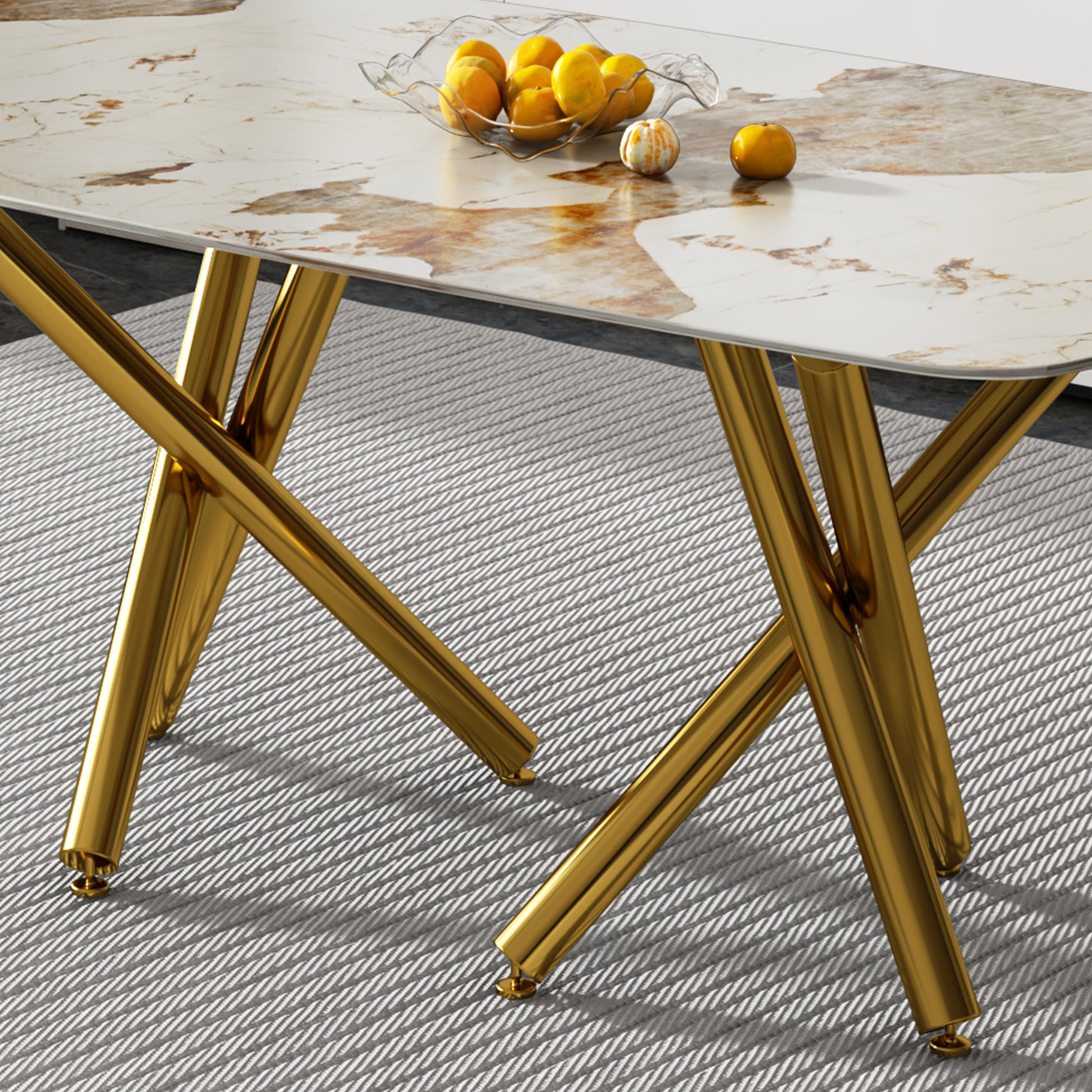 A Modern Minimalist Rectangular Dining Table With A 0.39 Inch Imitation Marble Patterned Glass Tabletop And Gold Plated Metal Legs,For Kitchen Dining Living Meeting Room Banquet Hall,1538 White Glass