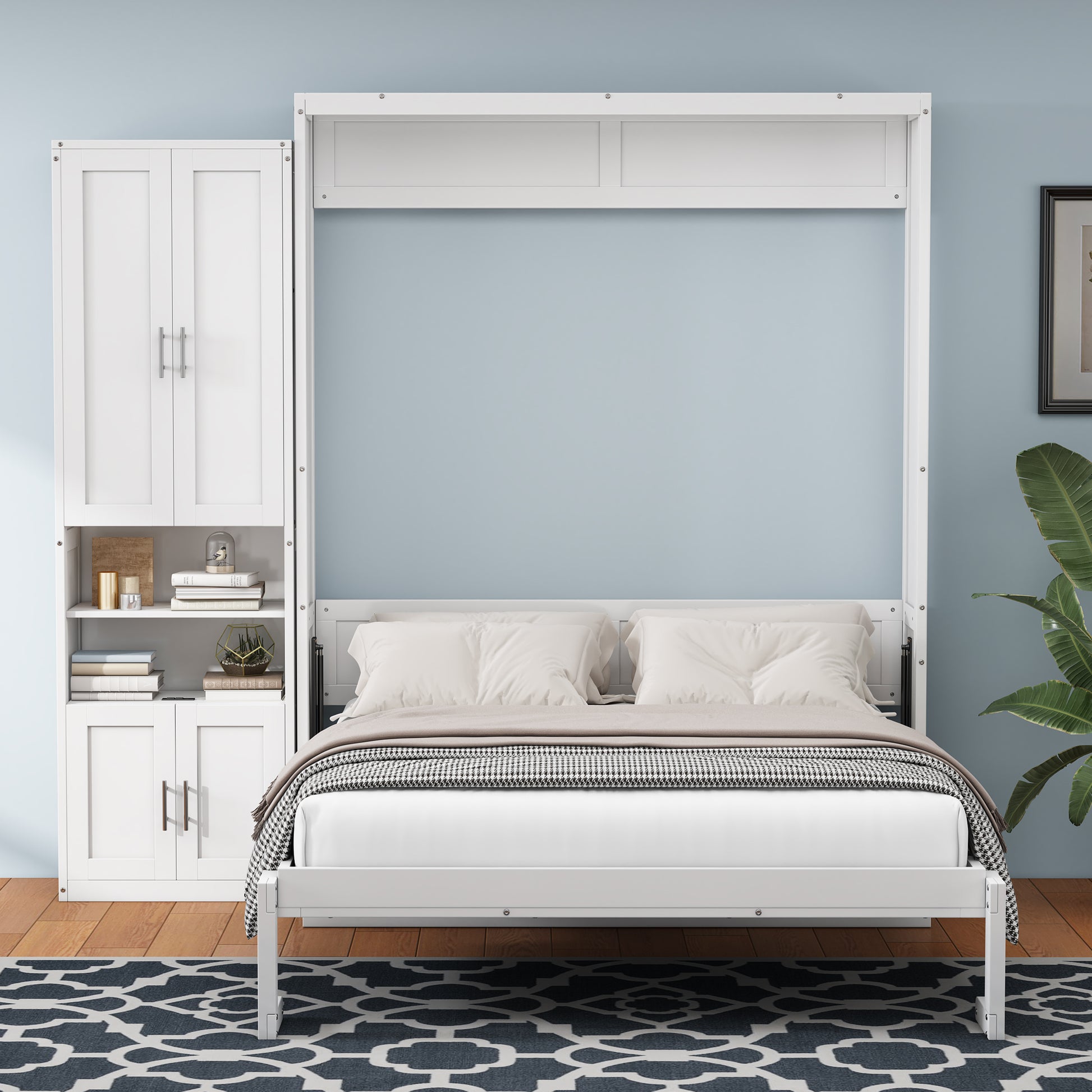 Full Size Murphy Bed With 1 Side Cabinet Storage Shelf, 61.5 Inch Cabinet Bed Folding Wall Bed With Desk Combo Perfect For Guest Room,Study, Office,White Old Sku:Bs300609Aac Box Spring Not Required Full White Wood White Pine Murphy Solid Wood Mdf