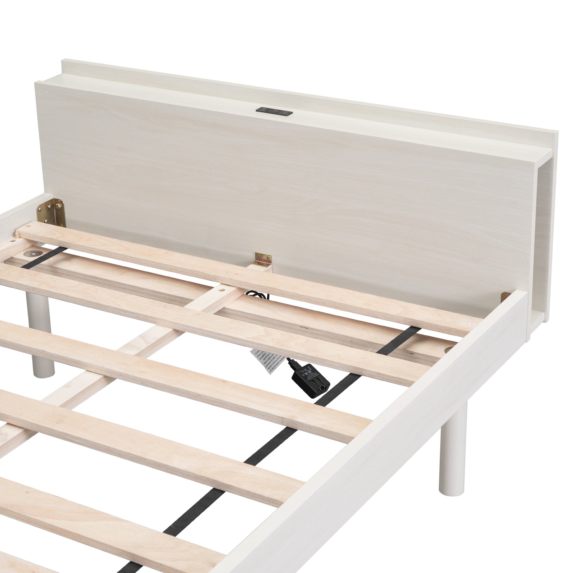 Modern Design Twin Size Platform Bed Frame With Built In Usb Ports For White Washed Color White Washed Particle Board