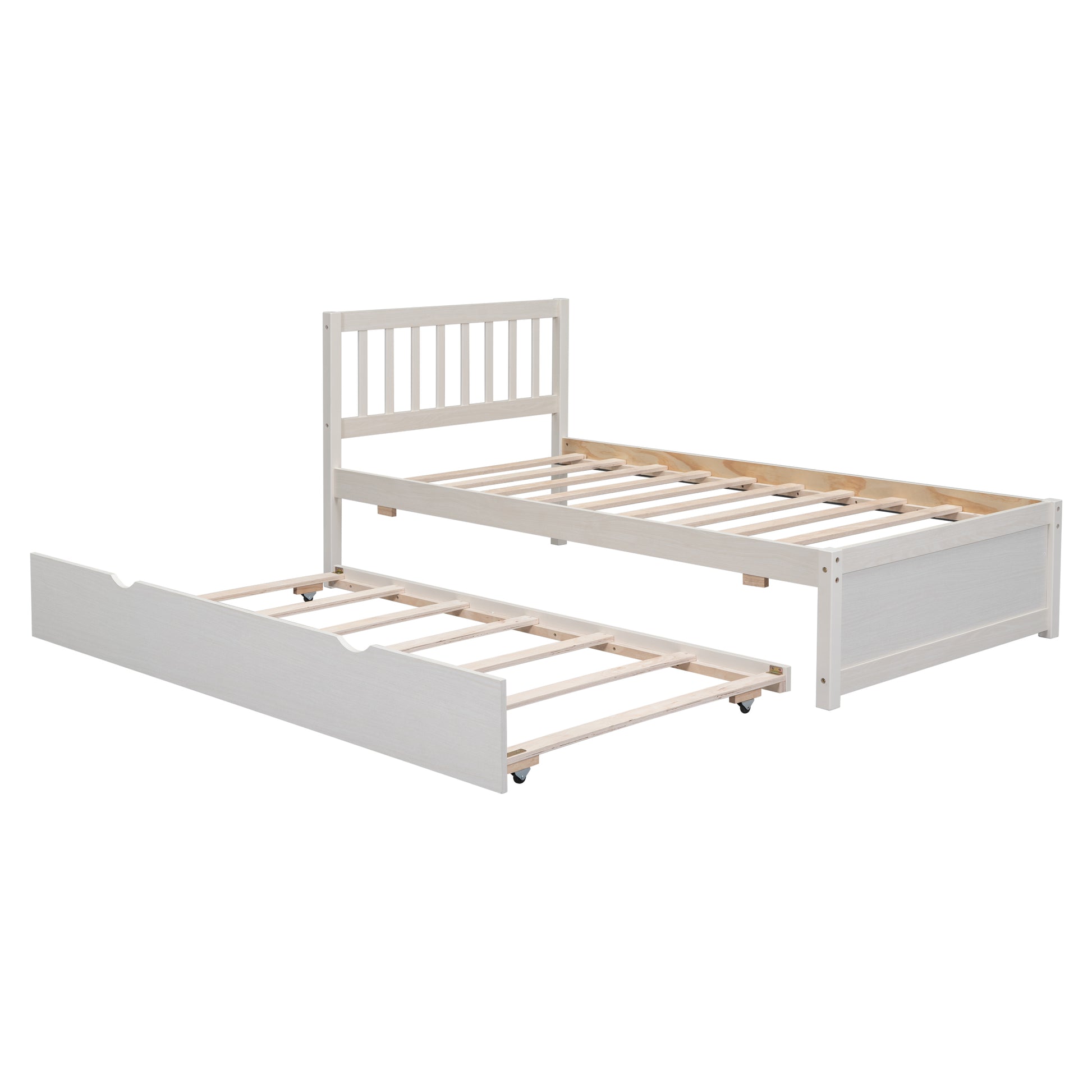 Wooden Twin Size Platform Bed Frame With Trundle For White Washed Color White Washed Rubber Wood