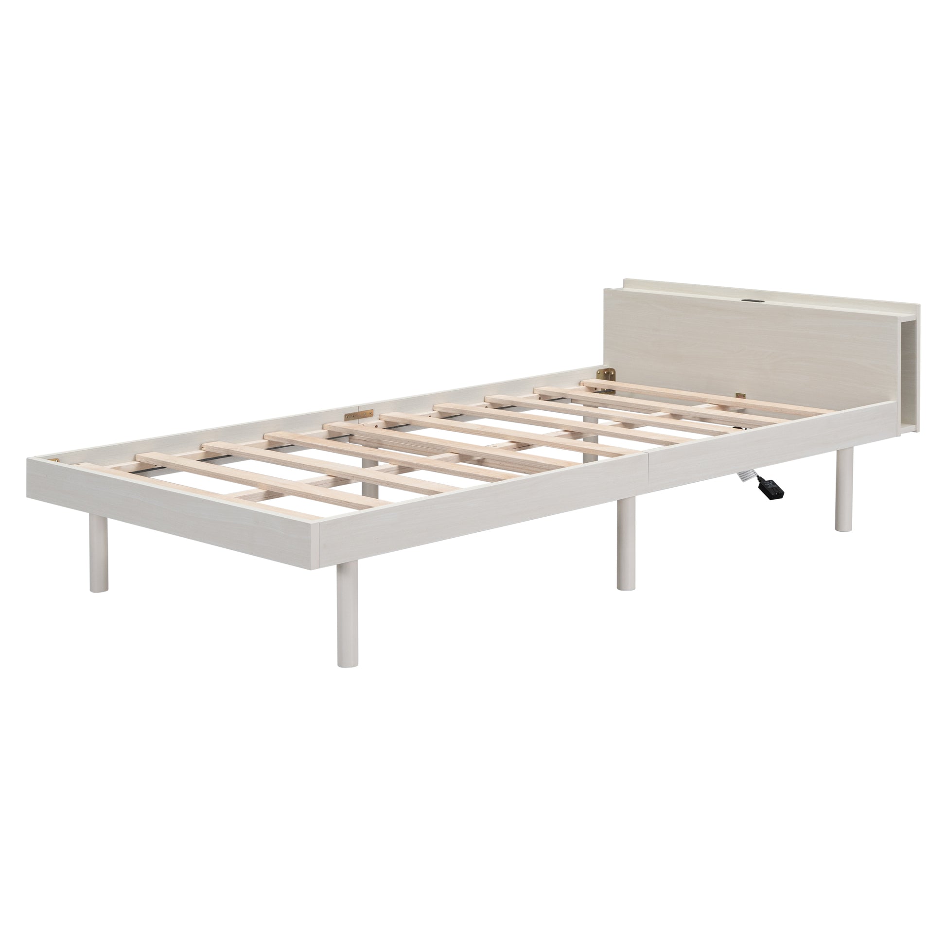 Modern Design Twin Size Platform Bed Frame With Built In Usb Ports For White Washed Color White Washed Particle Board