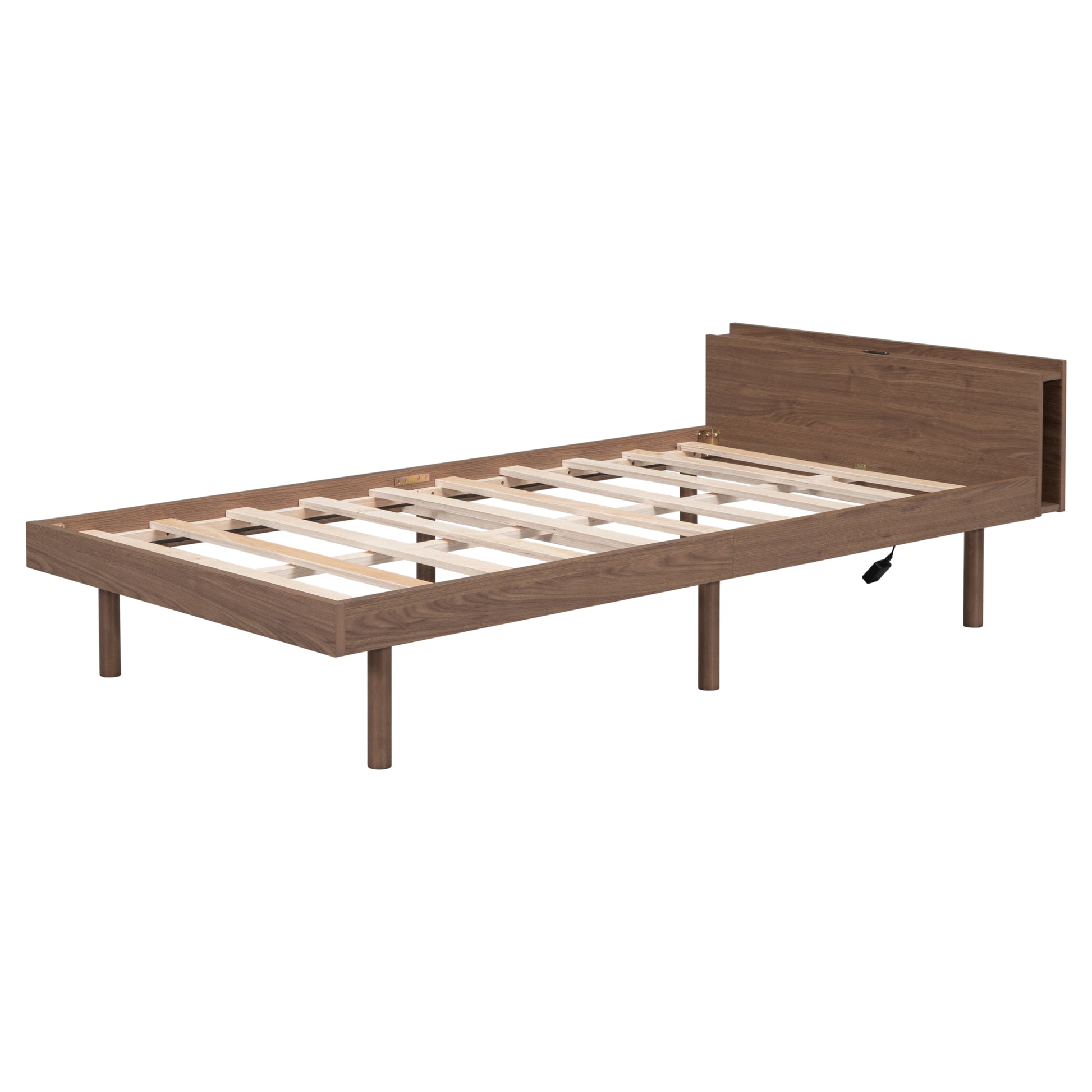 Modern Design Twin Size Platform Bed Frame With Built In Usb Port For Walnut Color Walnut Particle Board