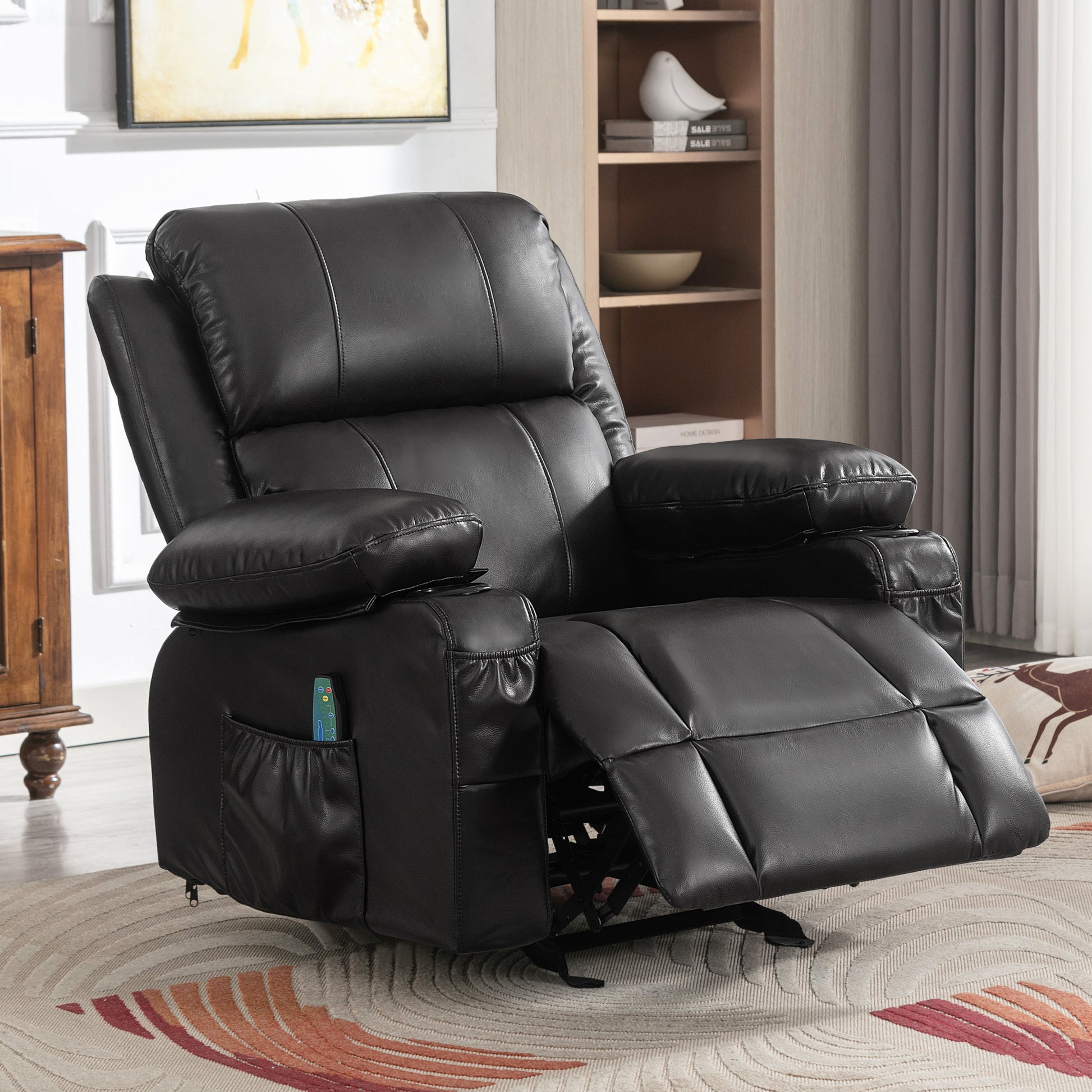 Recliner Chair Rocking Chairs For Adults With 2 Cup Holders, Usb Charge Port Soft Features A Manual Massage And Heat.Black Black Metal Soft Heavy Duty Foam Polyester