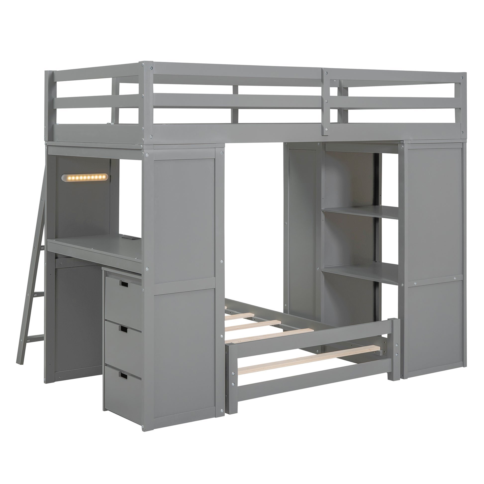 Twin Over Twin Bunk Bed With Led Light And Usb Ports, Gray Twin Gray Plywood