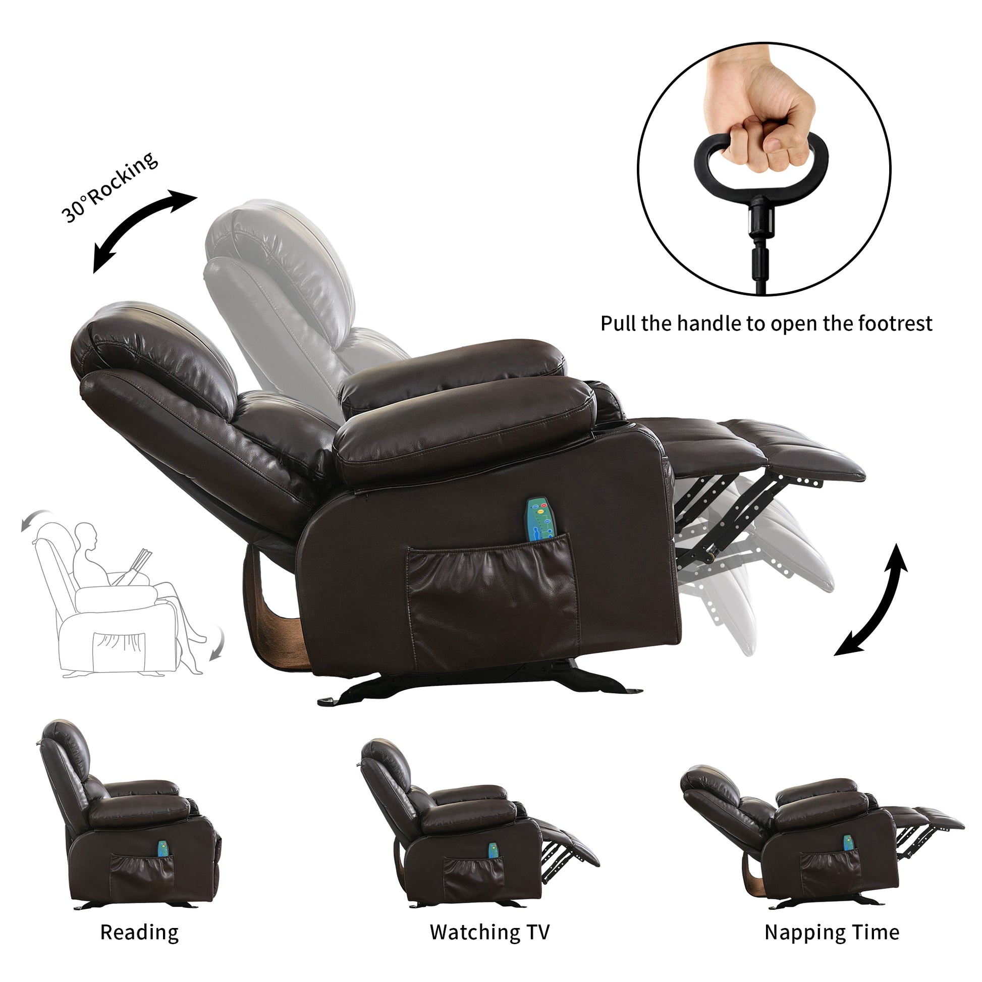 Recliner Chair Rocking Chairs For Adults With 2 Cup Holders, Usb Charge Port Soft Features A Manual Massage And Heat.Brown Brown Metal Soft Heavy Duty Foam Polyester