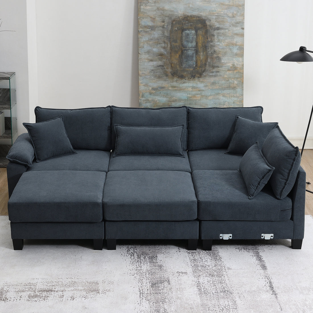 133*65" Corduroy Modular Sectional Sofa,U Shaped Couch With Armrest Bags,6 Seat Freely Combinable Sofa Bed,Comfortable And Spacious Indoor Furniture For Living Room, 2 Colors Grey Corduroy