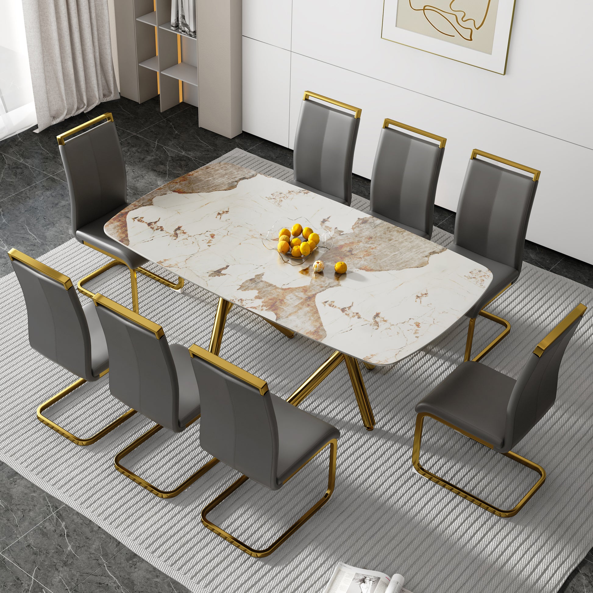 A Modern Minimalist Rectangular Dining Table With A 0.39 Inch Imitation Marble Tabletop And Gold Plated Metal Legs,For Kitchen Dining Living Meeting Room Banquet Hall,1538 White Glass