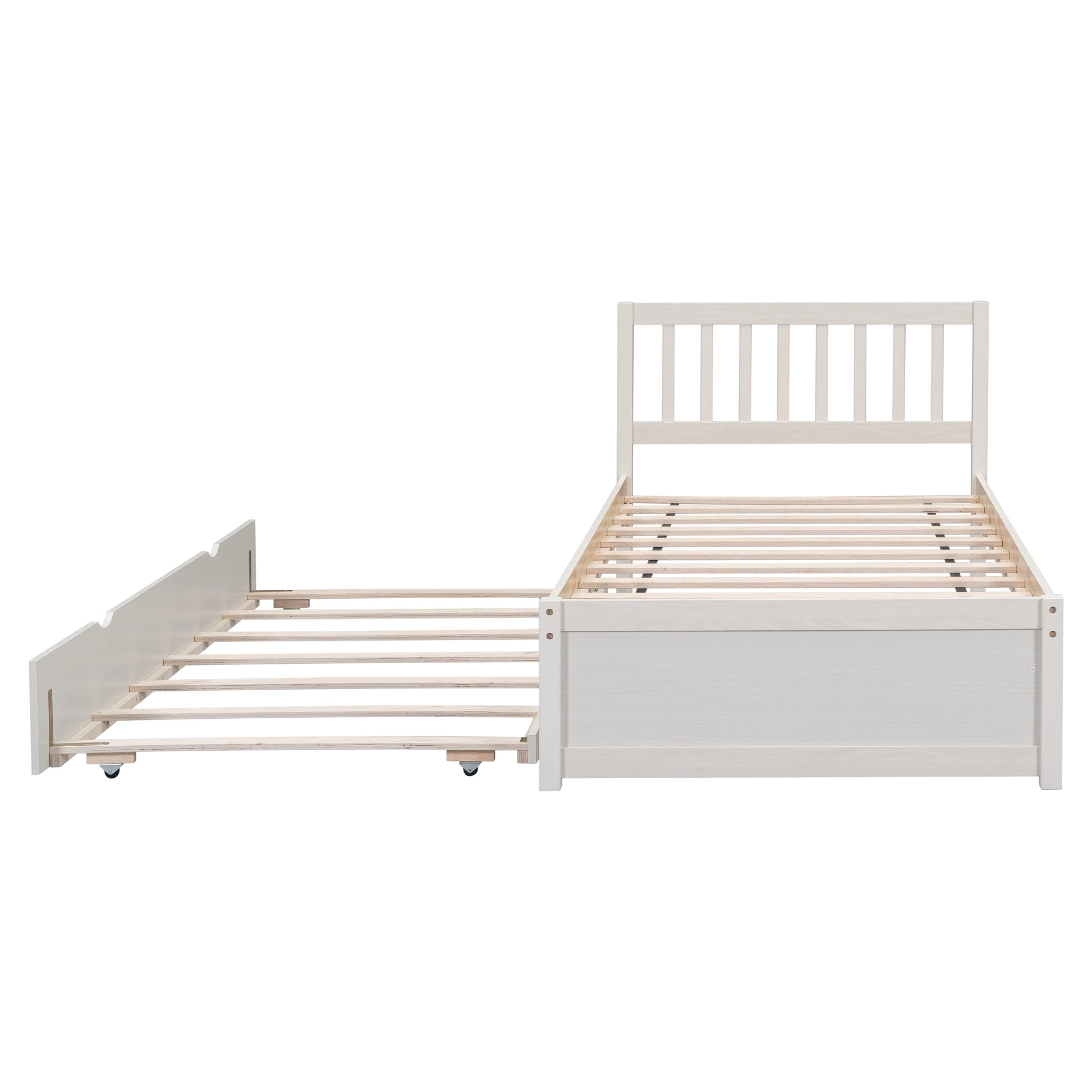 Wooden Twin Size Platform Bed Frame With Trundle For White Washed Color White Washed Rubber Wood