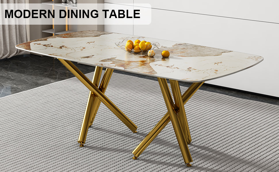 A Modern Minimalist Rectangular Dining Table With A 0.39 Inch Imitation Marble Patterned Glass Tabletop And Gold Plated Metal Legs,For Kitchen Dining Living Meeting Room Banquet Hall,1538 White Glass