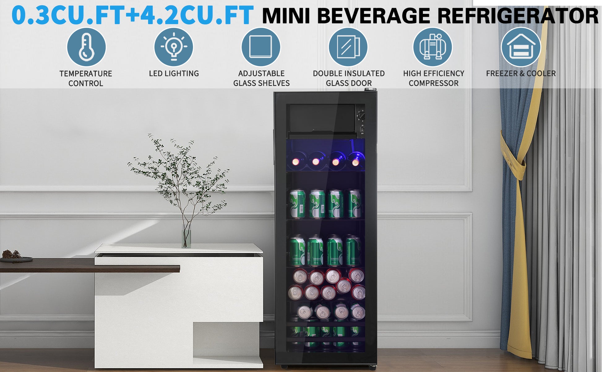 4.5Cu.Ft Mini Fridge, 0.3Cu.Ft Freezer, Up To 94 Cans Of Soda, Beer Or Wine. Silent, High Efficiency And Energy Saving Compressor, Led Lighting, 16.10" 15.70" 43.10", Home, Rv, Apartment, Office, Etc. Black Iron