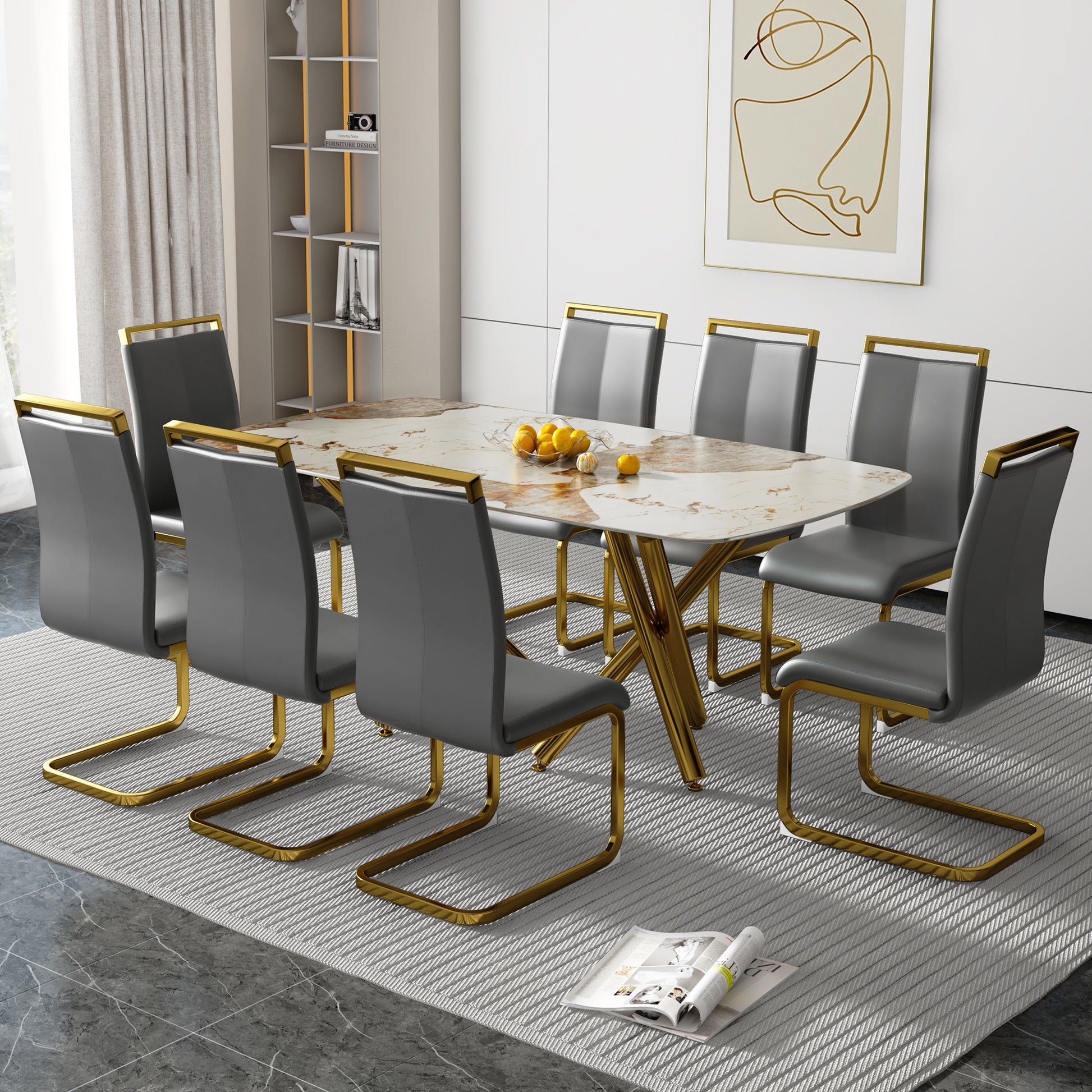 A Modern Minimalist Rectangular Dining Table With A 0.39 Inch Imitation Marble Patterned Glass Tabletop And Gold Plated Metal Legs,For Kitchen Dining Living Meeting Room Banquet Hall,1538 White Glass