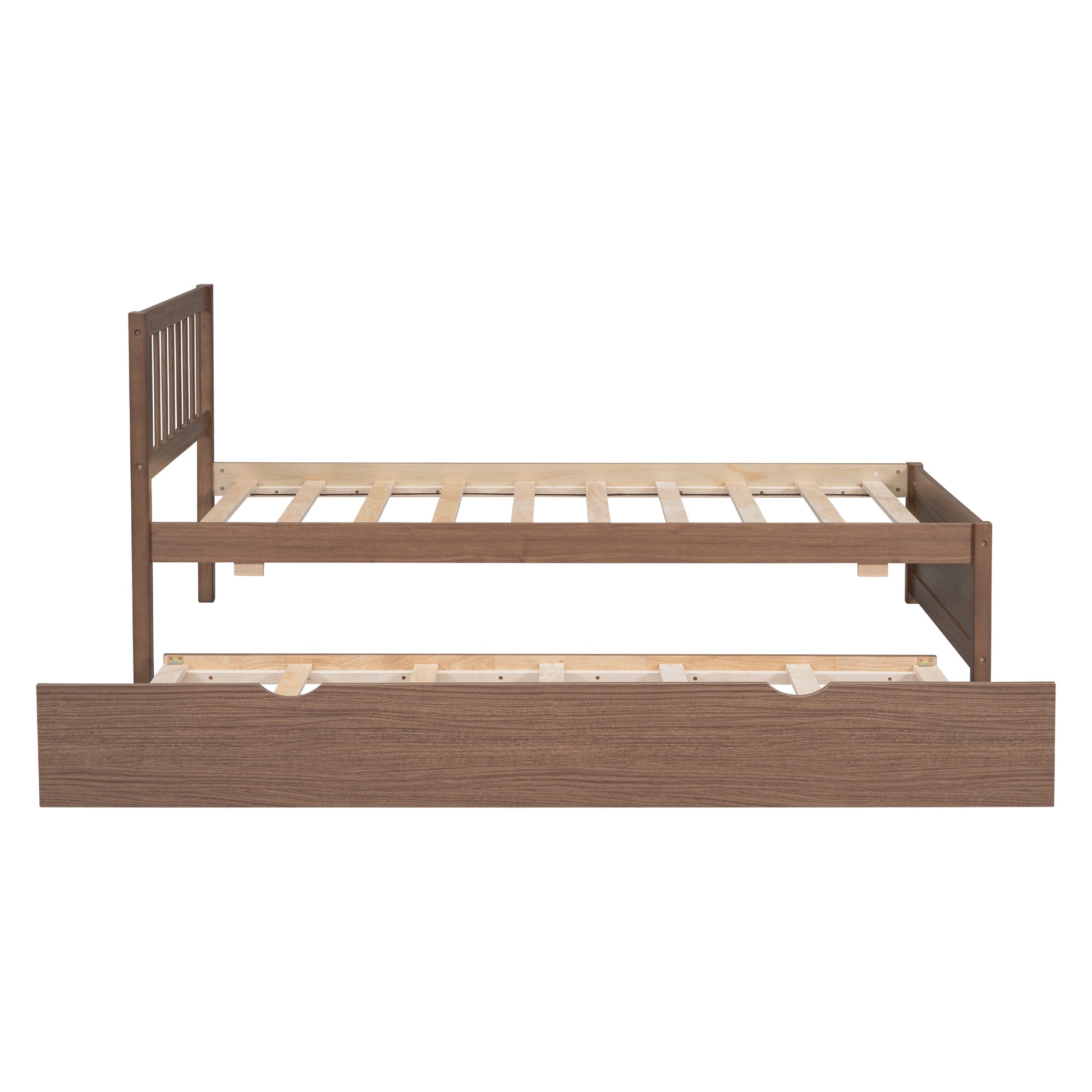 Modern Design Wooden Twin Size Platform Bed Frame With Trundle For Walnut Color Walnut Rubber Wood