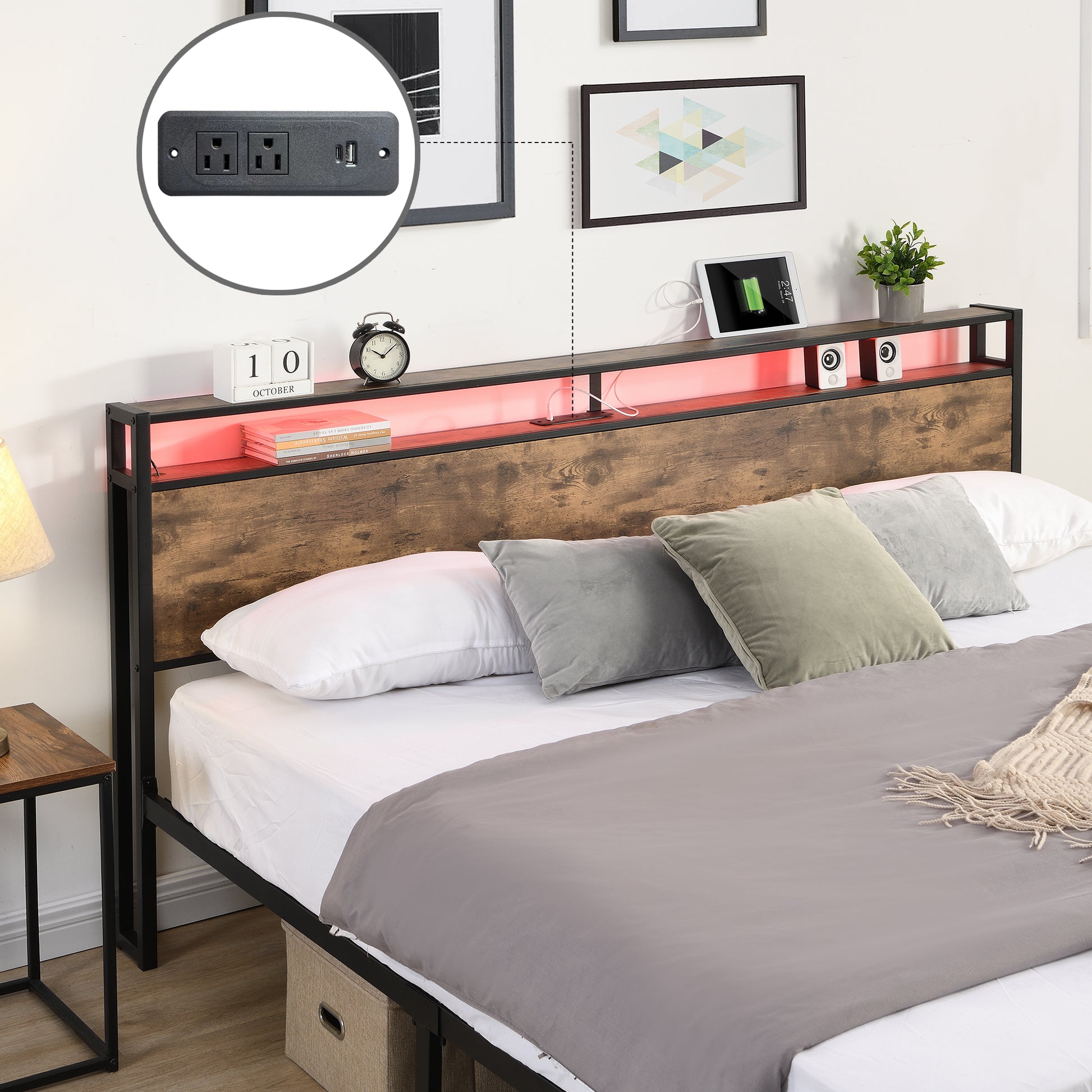 King Bed Frame, Storage Headboard With Charging Station, Solid And Stable, Noise Free, No Box Spring Needed, Easy Assembly King Antique Brown Metal Bedroom Bed Frame Metal & Wood