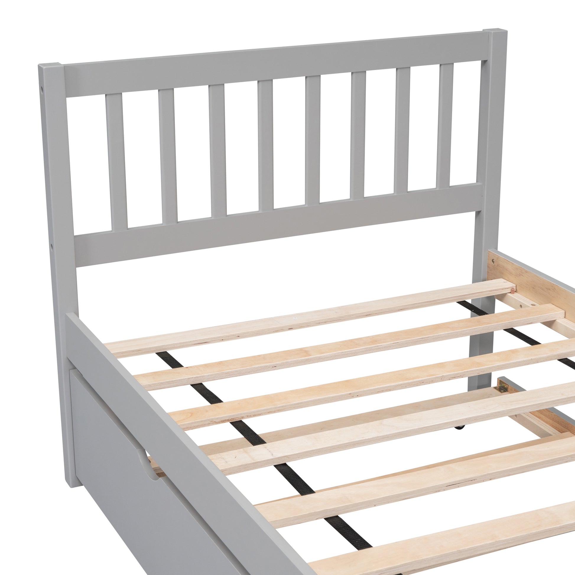 Modern Design Wooden Twin Size Platform Bed Frame With Trundle For Grey Color Grey Rubber Wood