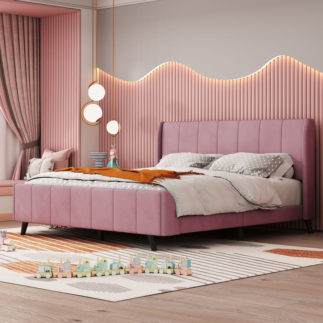 Queen Size Upholstered Platform Bed, Velvet, Pink Pink Upholstered