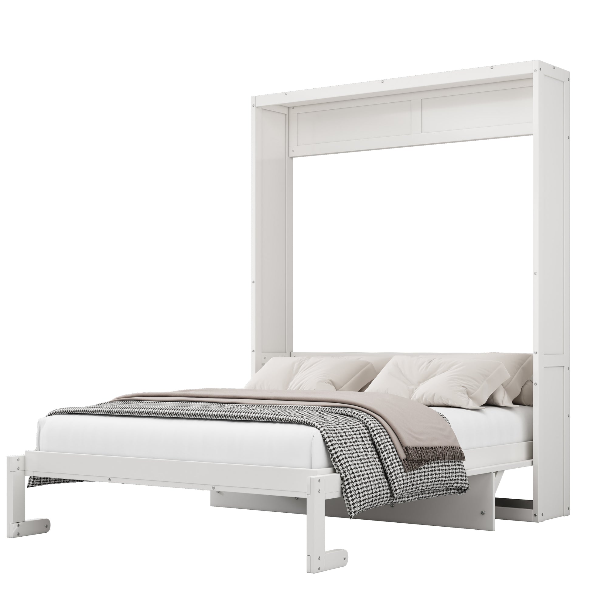 Queen Size Murphy Bed With 1 Side Cabinet Storage Shelf, 68 Inch Cabinet Bed Folding Wall Bed With Desk Combo Perfect For Guest Room, Study, Office,White Old Sku:Bs300491Aac Box Spring Not Required Queen Antique Grey White Wood White Pine Murphy Solid