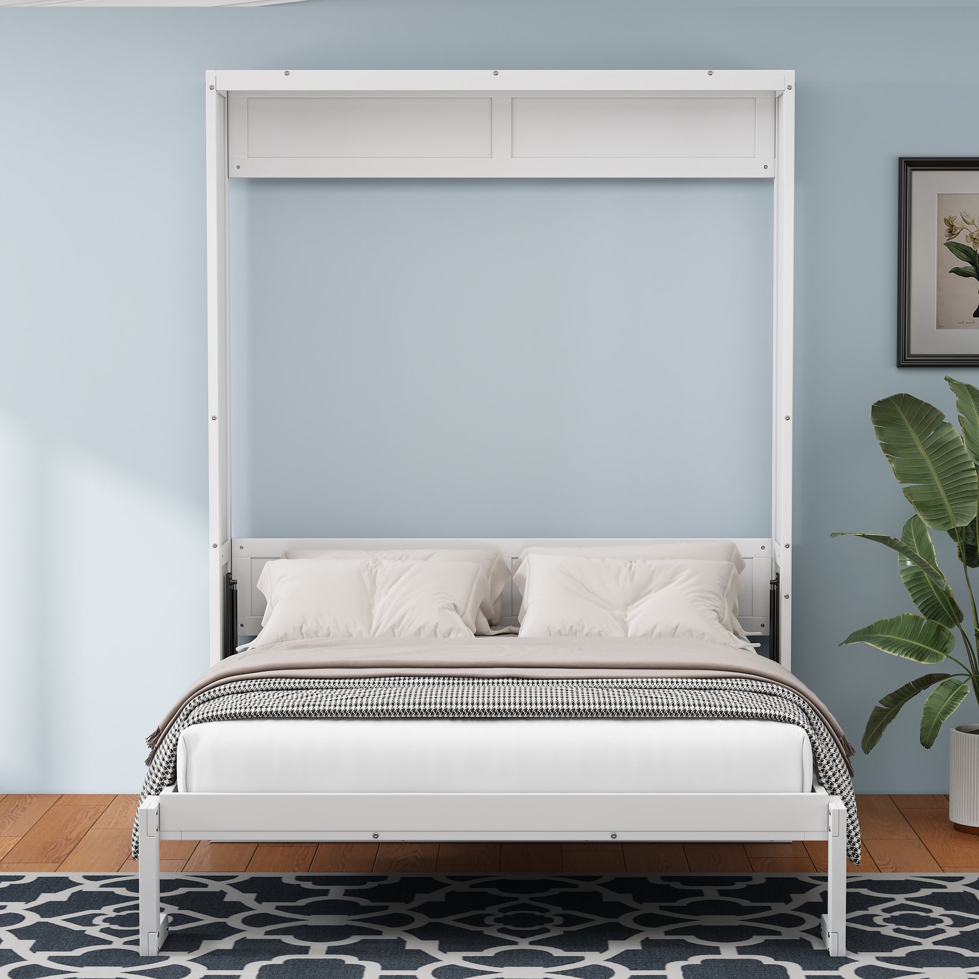 Queen Size Murphy Bed With 1 Side Cabinet Storage Shelf, 68 Inch Cabinet Bed Folding Wall Bed With Desk Combo Perfect For Guest Room, Study, Office,White Old Sku:Bs300491Aac Box Spring Not Required Queen Antique Grey White Wood White Pine Murphy Solid