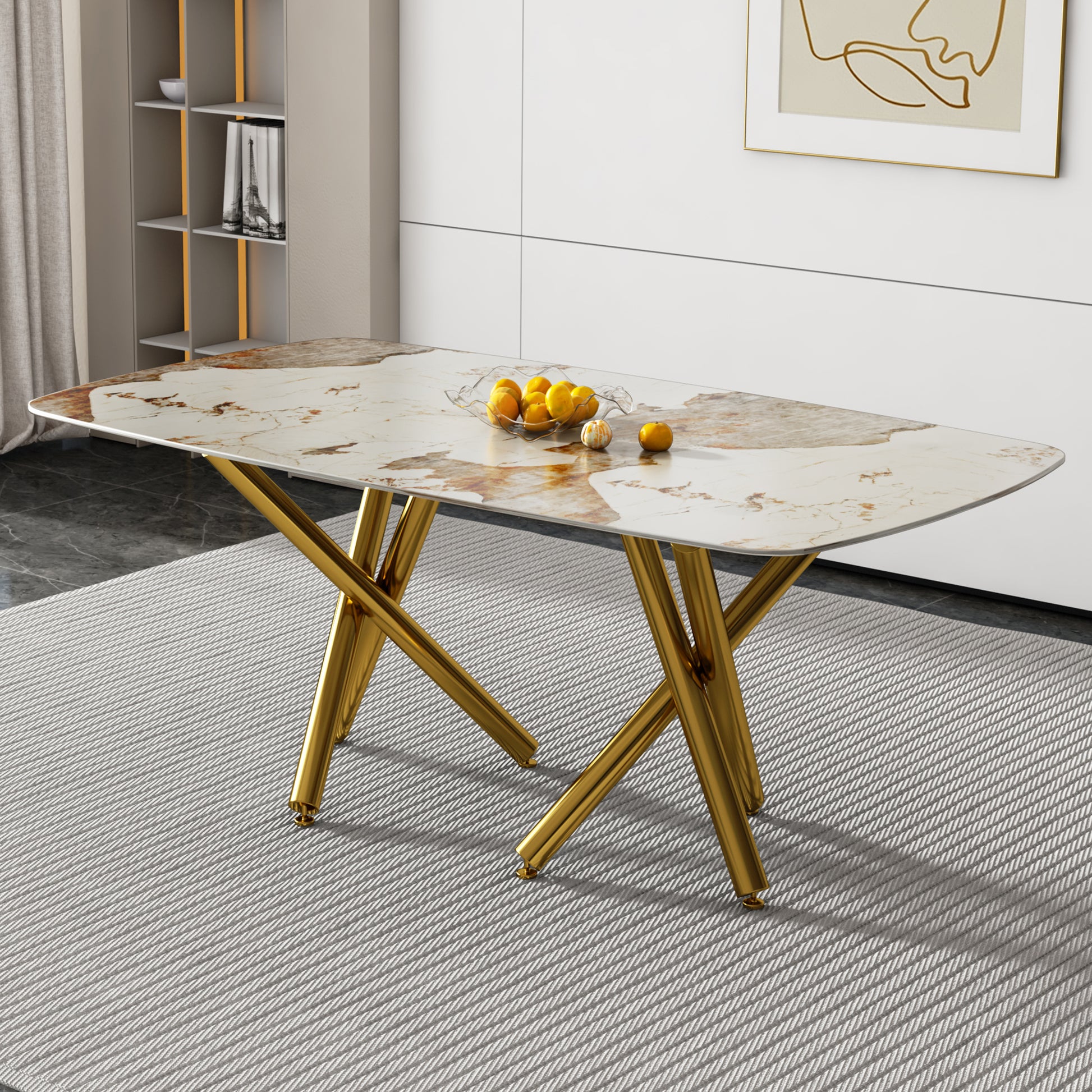 A Modern Minimalist Rectangular Dining Table With A 0.39 Inch Imitation Marble Patterned Glass Tabletop And Gold Plated Metal Legs,For Kitchen Dining Living Meeting Room Banquet Hall,1538 White Glass