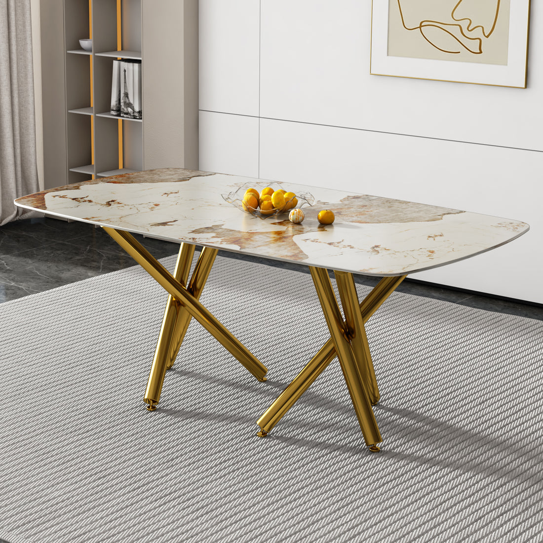 A Modern Minimalist Rectangular Dining Table With A 0.39 Inch Imitation Marble Tabletop And Gold Plated Metal Legs,For Kitchen Dining Living Meeting Room Banquet Hall,1538 White Glass