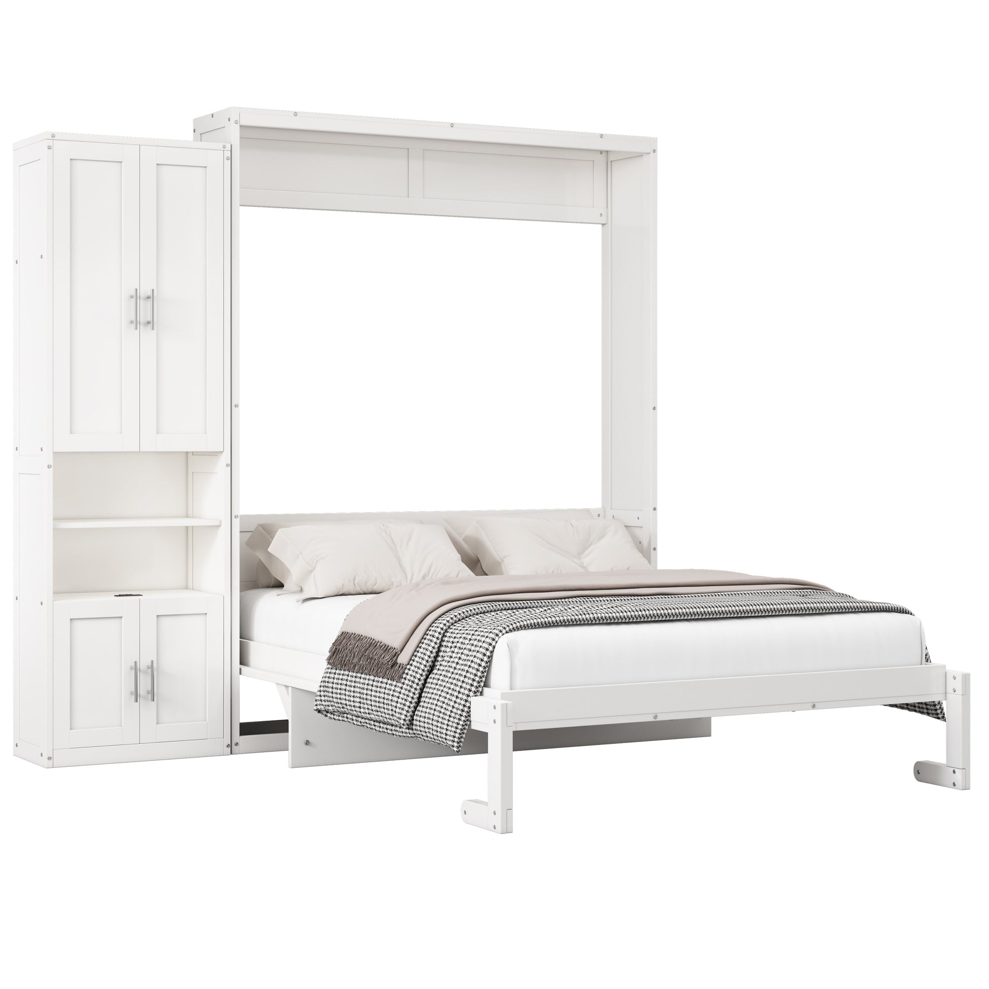 Full Size Murphy Bed With 1 Side Cabinet Storage Shelf, 61.5 Inch Cabinet Bed Folding Wall Bed With Desk Combo Perfect For Guest Room,Study, Office,White Old Sku:Bs300609Aac Box Spring Not Required Full White Wood White Pine Murphy Solid Wood Mdf