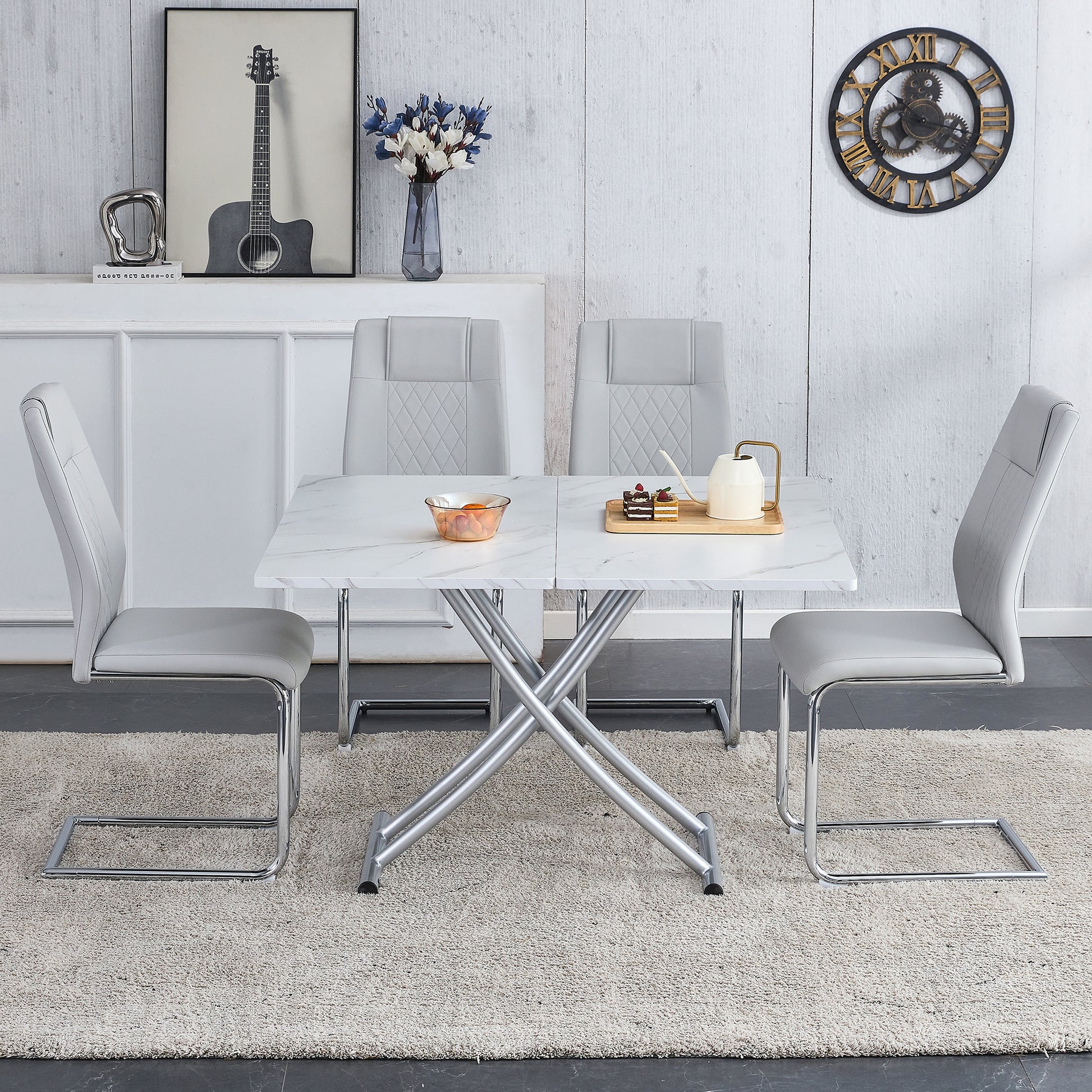 Modern Minimalist Multifunctional Lift Table With 0.8 Inch Mdf Desktop And Silver Metal Legs, Can Be Used As A Dressing Table, Coffee Table, Dining Table, And Office Table White Metal