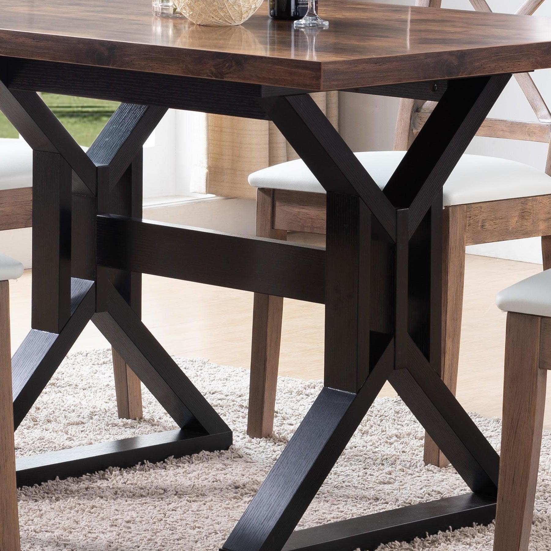 Mid Century, Modern Dining Table With Metal Frame In Distressed Wood & Black Rustic Brown Particle Board