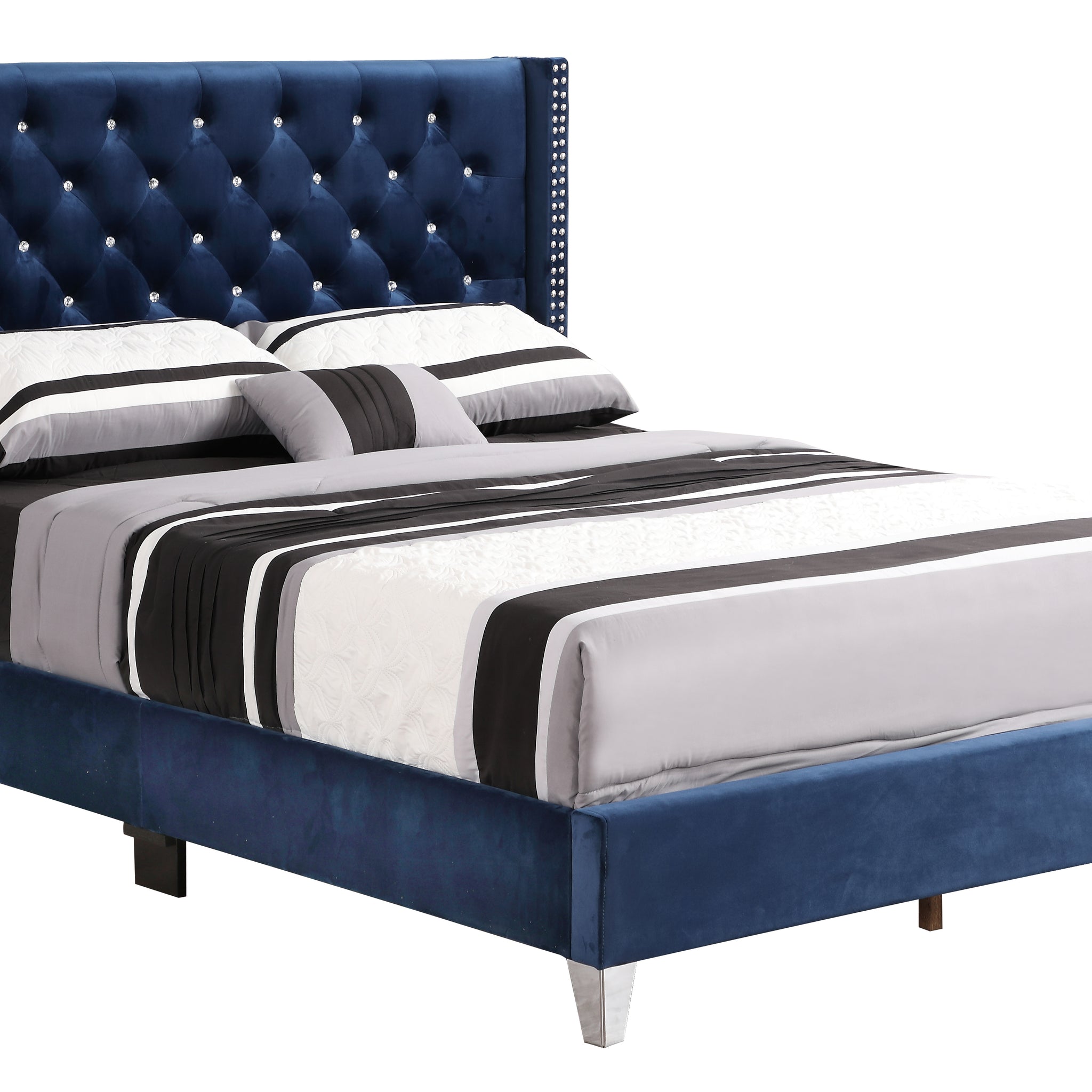 Stylish Upholstered Bed In Navy Blue Navy Blue Foam Velvet