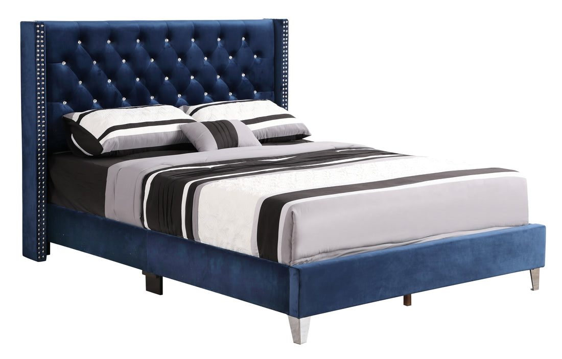 Stylish Upholstered Bed In Navy Blue Navy Blue Foam Velvet