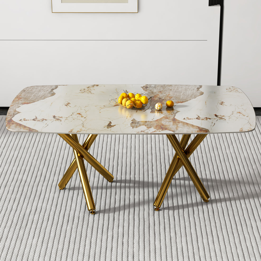 A Modern Minimalist Rectangular Dining Table With A 0.39 Inch Imitation Marble Patterned Glass Tabletop And Gold Plated Metal Legs,For Kitchen Dining Living Meeting Room Banquet Hall,1538 White Glass