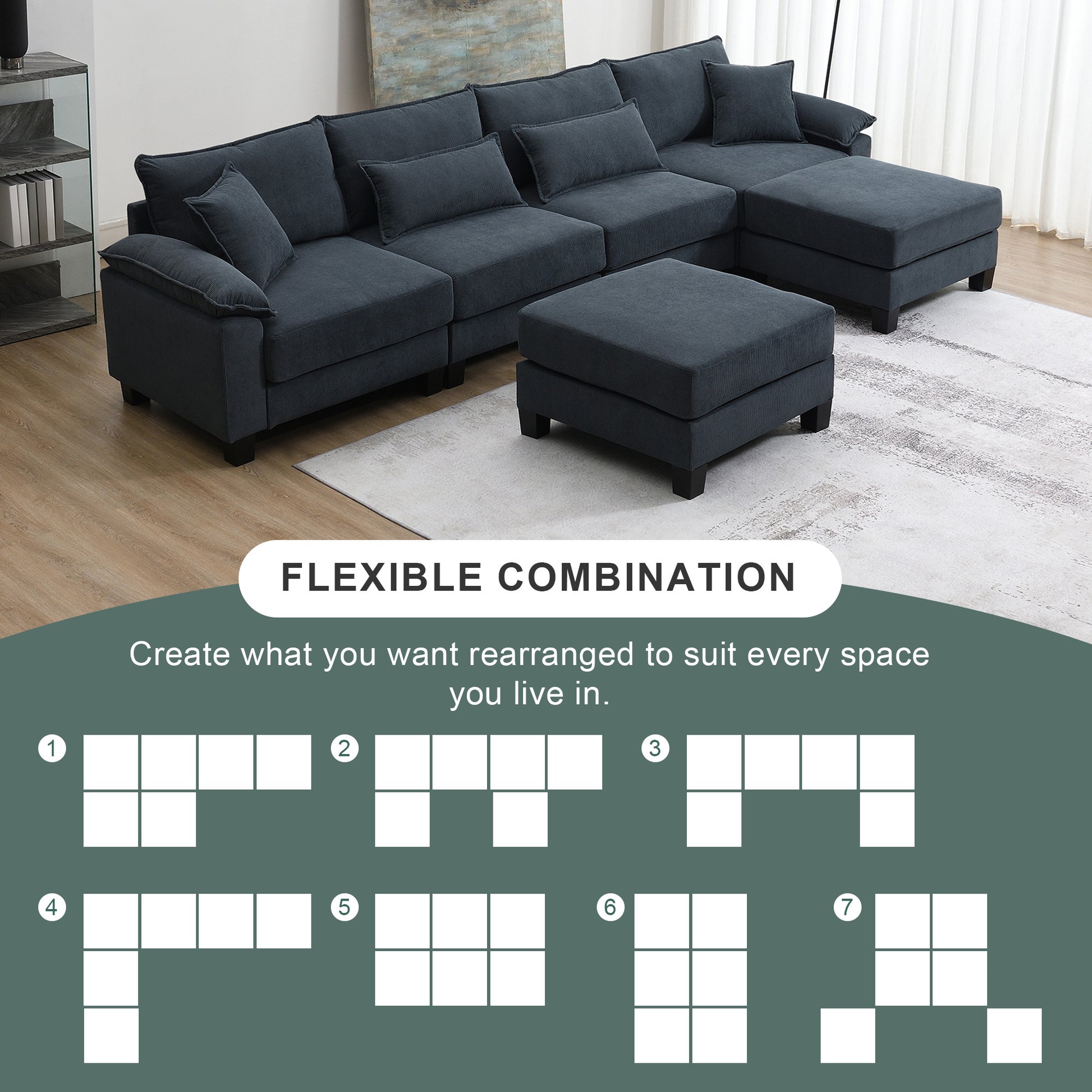 133*65" Corduroy Modular Sectional Sofa,U Shaped Couch With Armrest Bags,6 Seat Freely Combinable Sofa Bed,Comfortable And Spacious Indoor Furniture For Living Room, 2 Colors Grey Corduroy