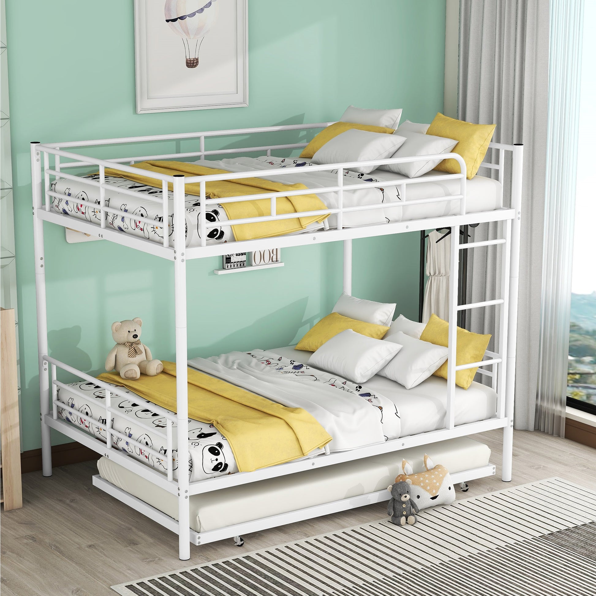 Full Over Full Metal Bunk Bed With Trundle, White White Iron