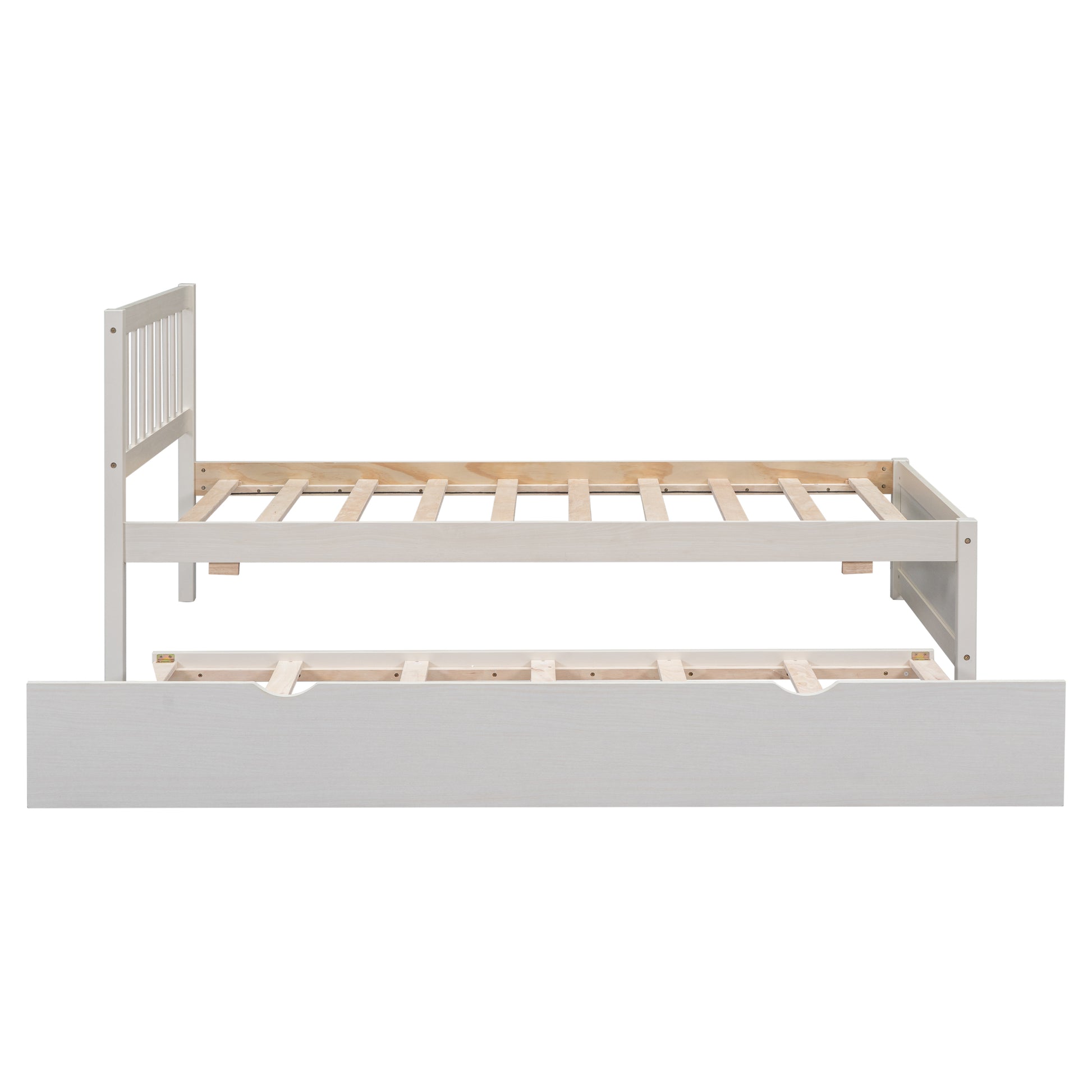 Wooden Twin Size Platform Bed Frame With Trundle For White Washed Color White Washed Rubber Wood