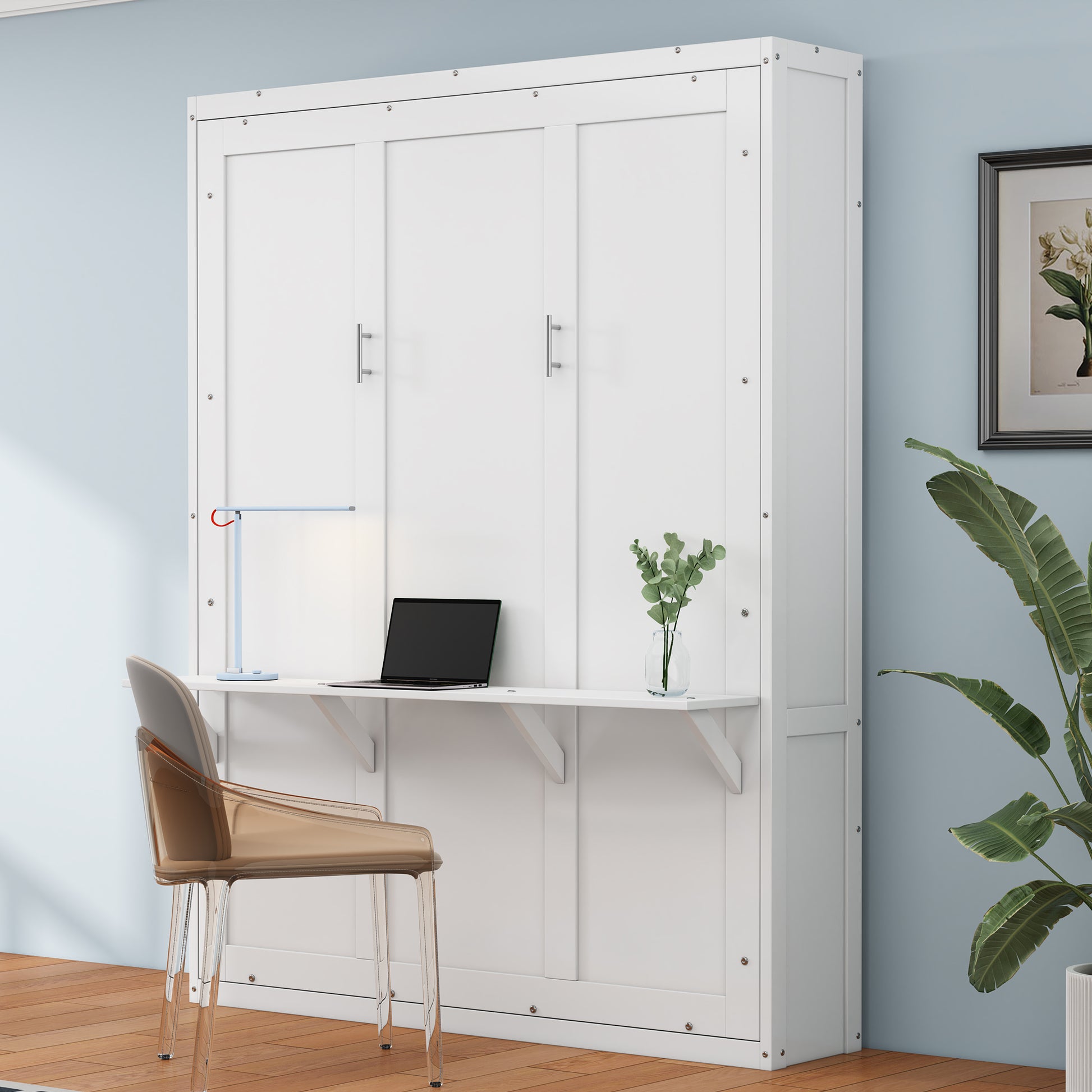 Queen Size Murphy Bed With 1 Side Cabinet Storage Shelf, 68 Inch Cabinet Bed Folding Wall Bed With Desk Combo Perfect For Guest Room, Study, Office,White Old Sku:Bs300491Aac Box Spring Not Required Queen Antique Grey White Wood White Pine Murphy Solid