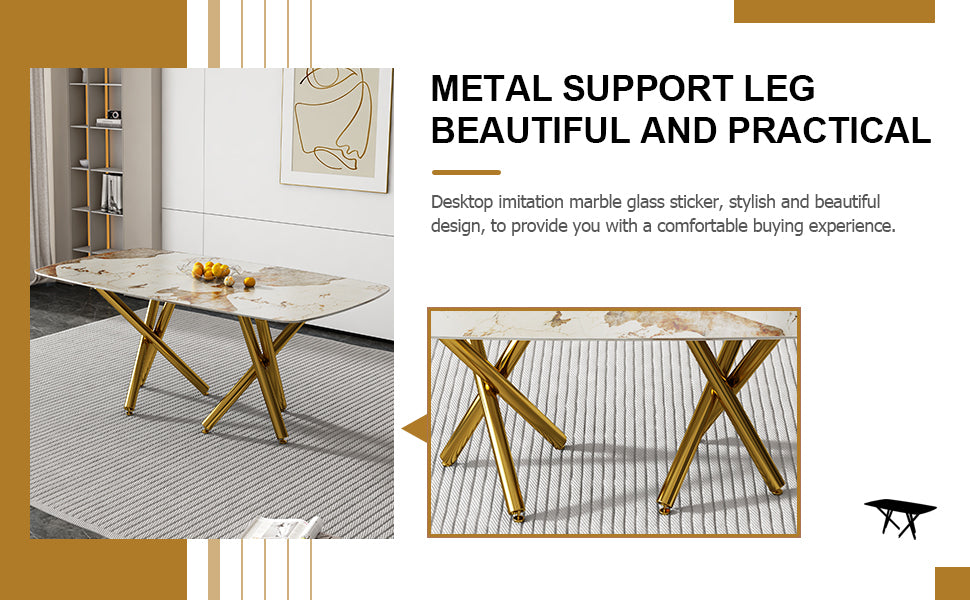 A Modern Minimalist Rectangular Dining Table With A 0.39 Inch Imitation Marble Patterned Glass Tabletop And Gold Plated Metal Legs,For Kitchen Dining Living Meeting Room Banquet Hall,1538 White Glass