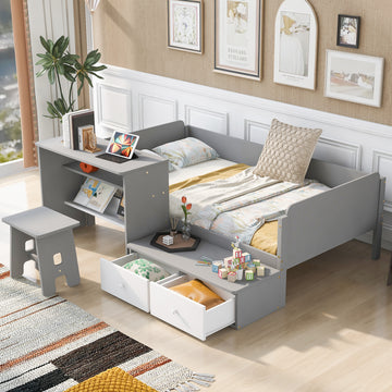 Wood Twin Size Platform Bed With 2 Drawers And 1 Chair&Desk Set, Gray White Box Spring Not Required Twin White Gray Wood Bedroom Solid Wood Mdf